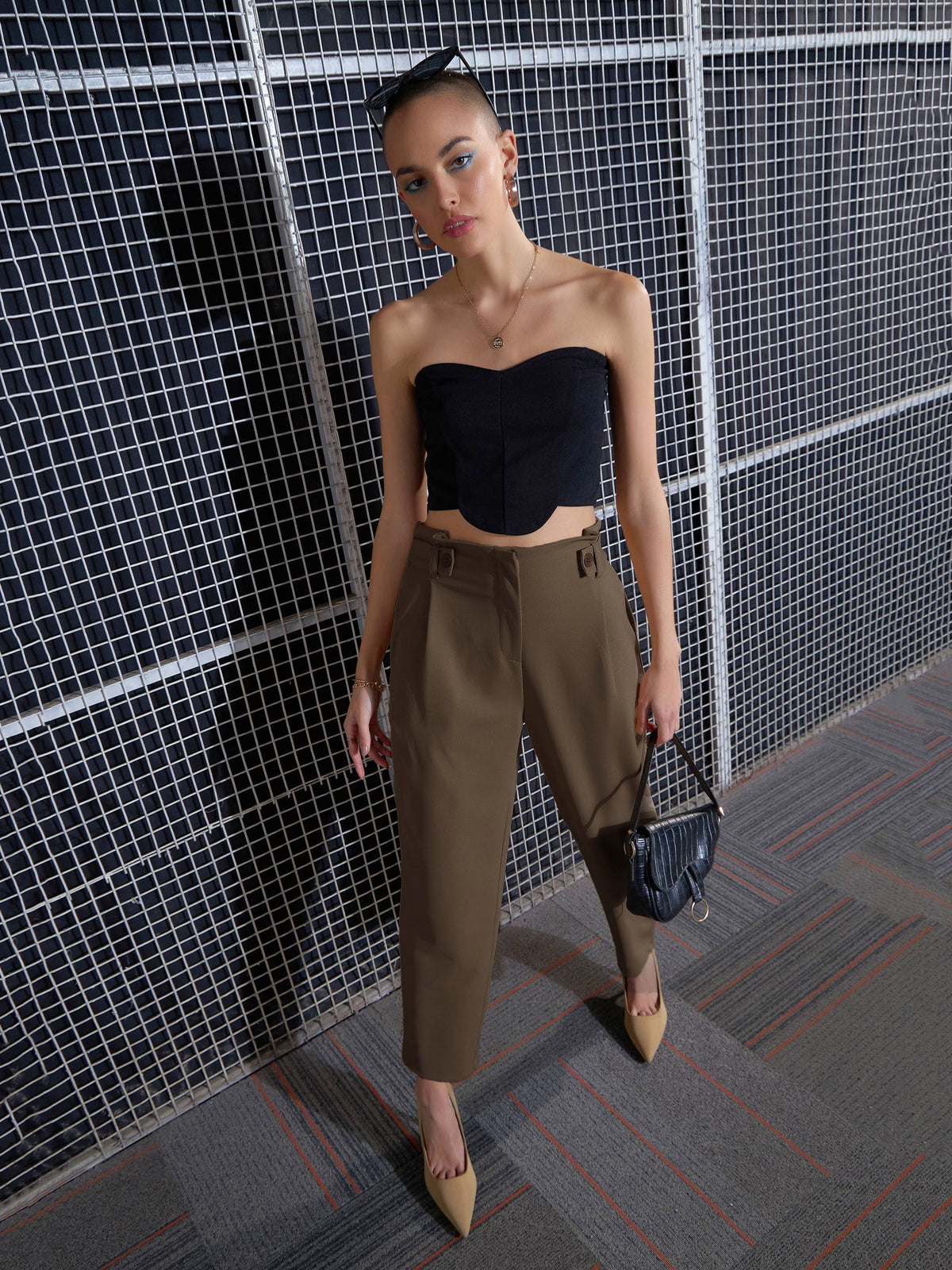 Women Beige Front Button Paperback Waist Pants
