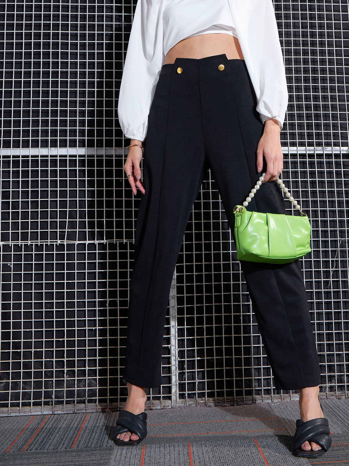 Black Waist Button Pants-SASSAFRAS
