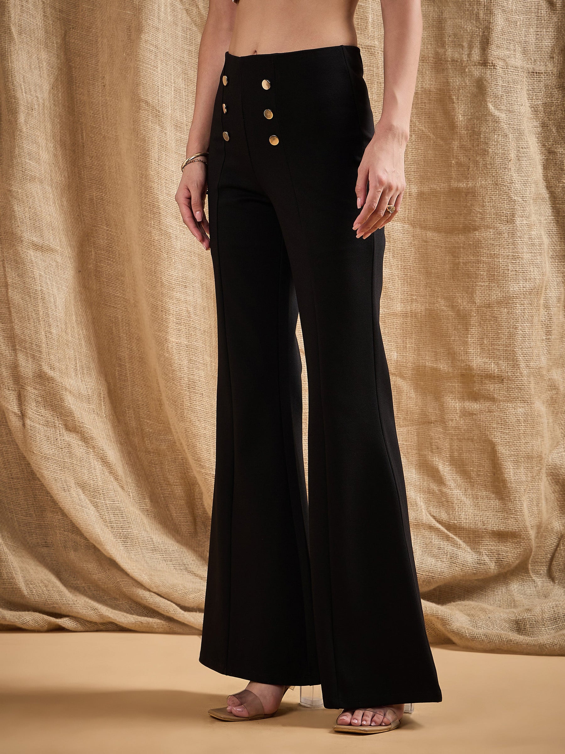 Black Front Button Flared Bell Bottom Pants-SASSAFRAS