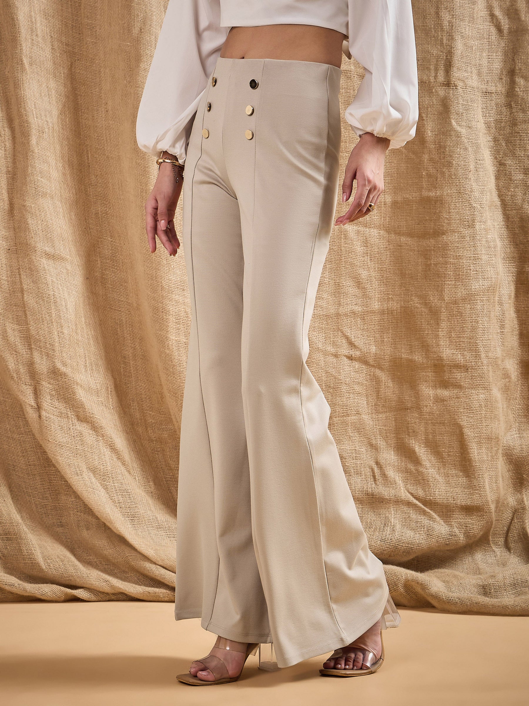 Light Beige Front Button Flared Bell Bottom Pants-SASSAFRAS