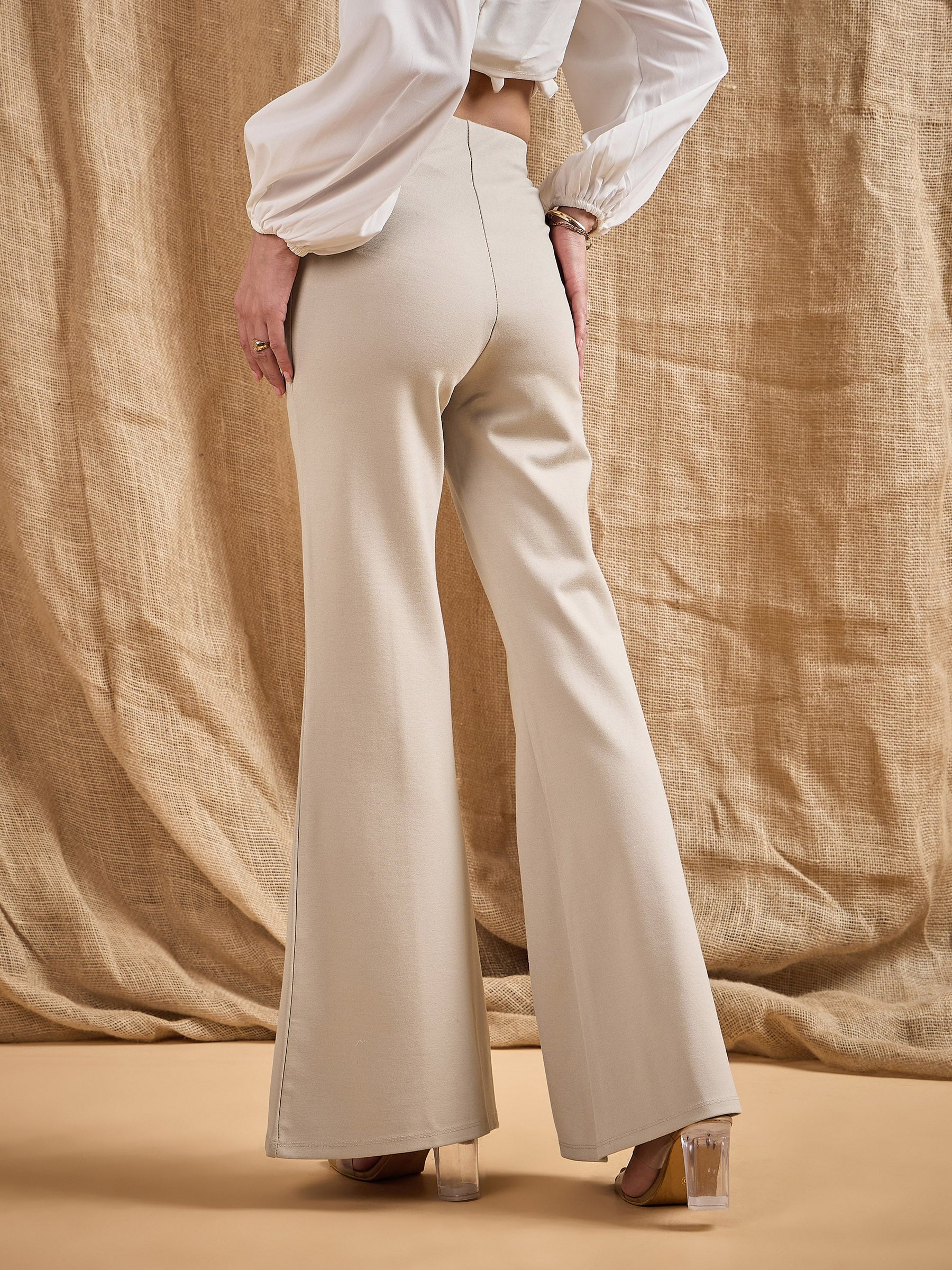 Light Beige Front Button Flared Bell Bottom Pants-SASSAFRAS