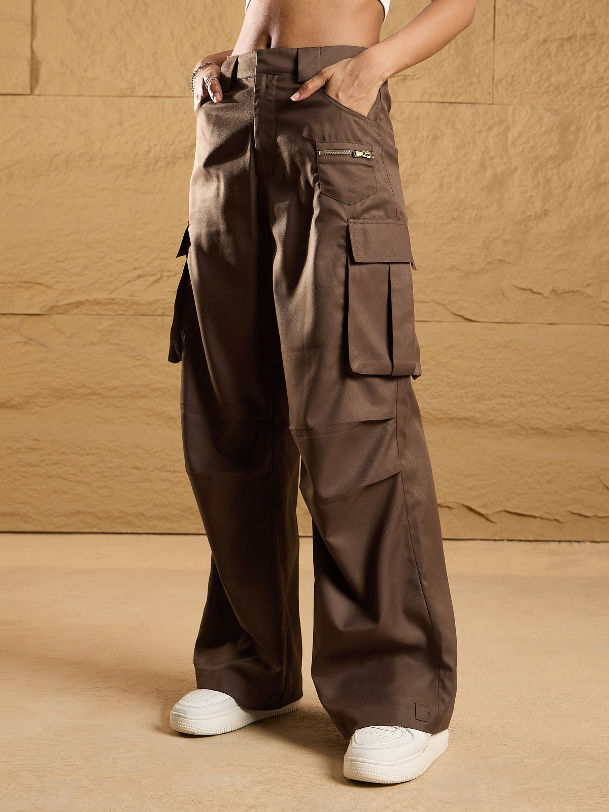 Brown Side Pockets Parachute Korean Cargo Pants-SASSAFRAS