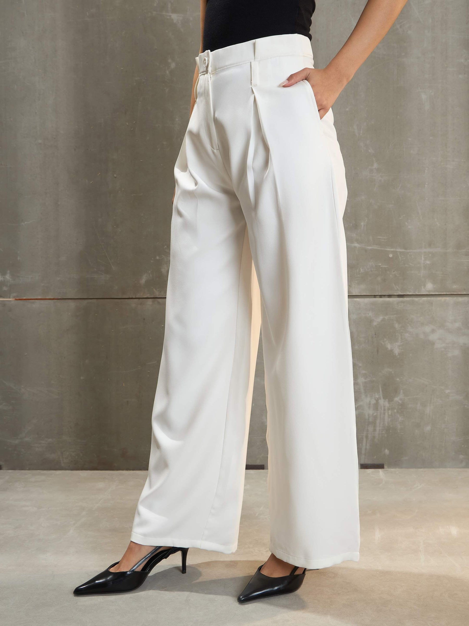 White Front Pleated High Rise Pants-SASSAFRAS