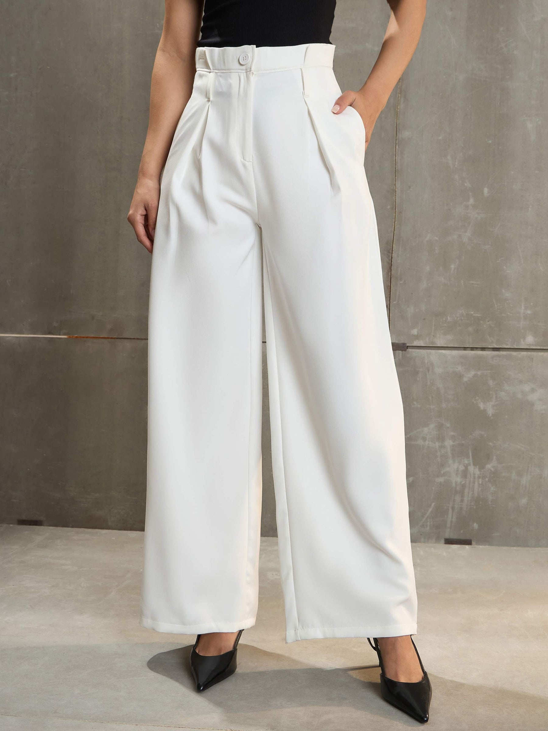 White Front Pleated High Rise Pants-SASSAFRAS