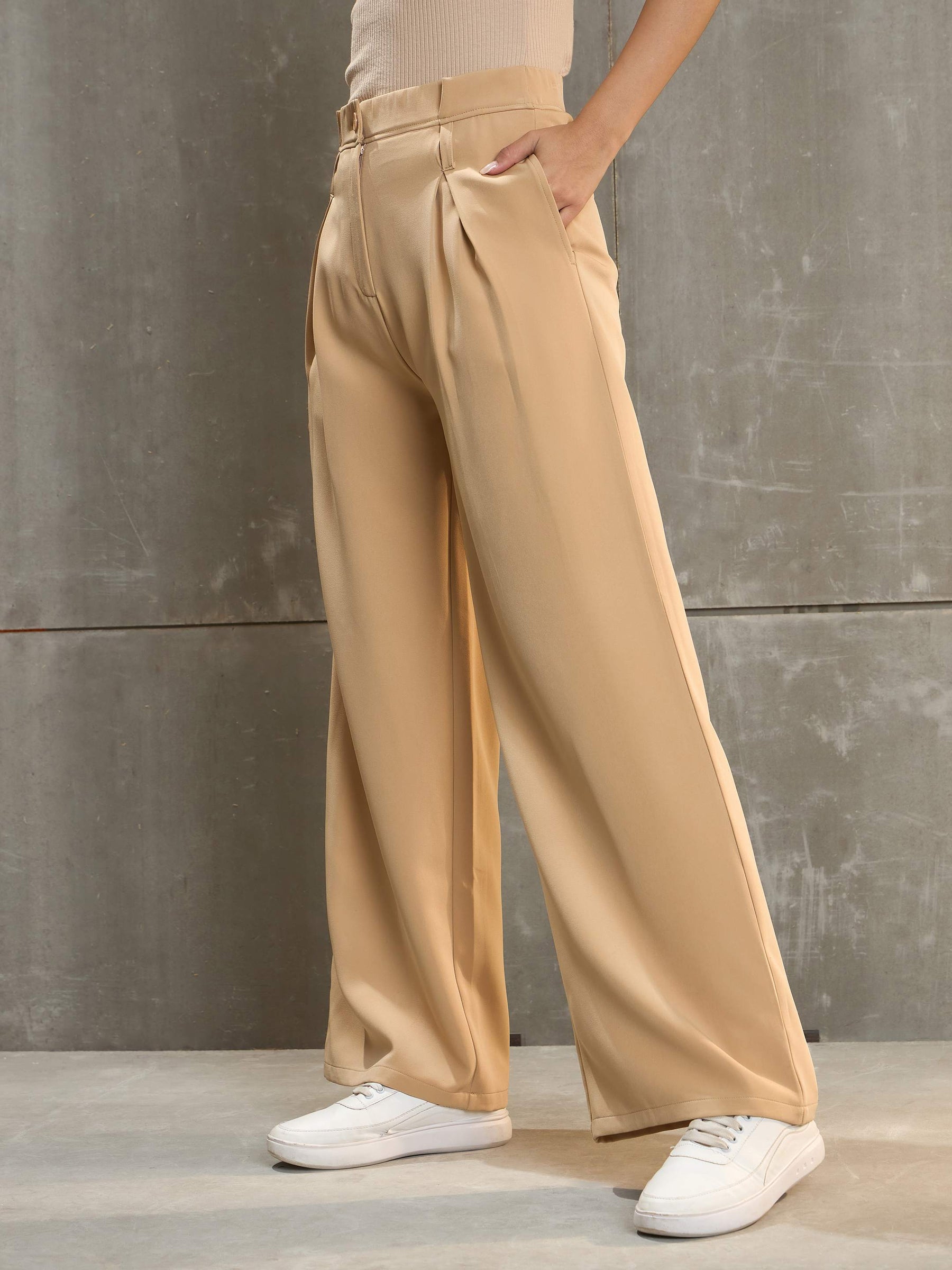 Beige Front Pleated High Rise Pants-SASSAFRAS