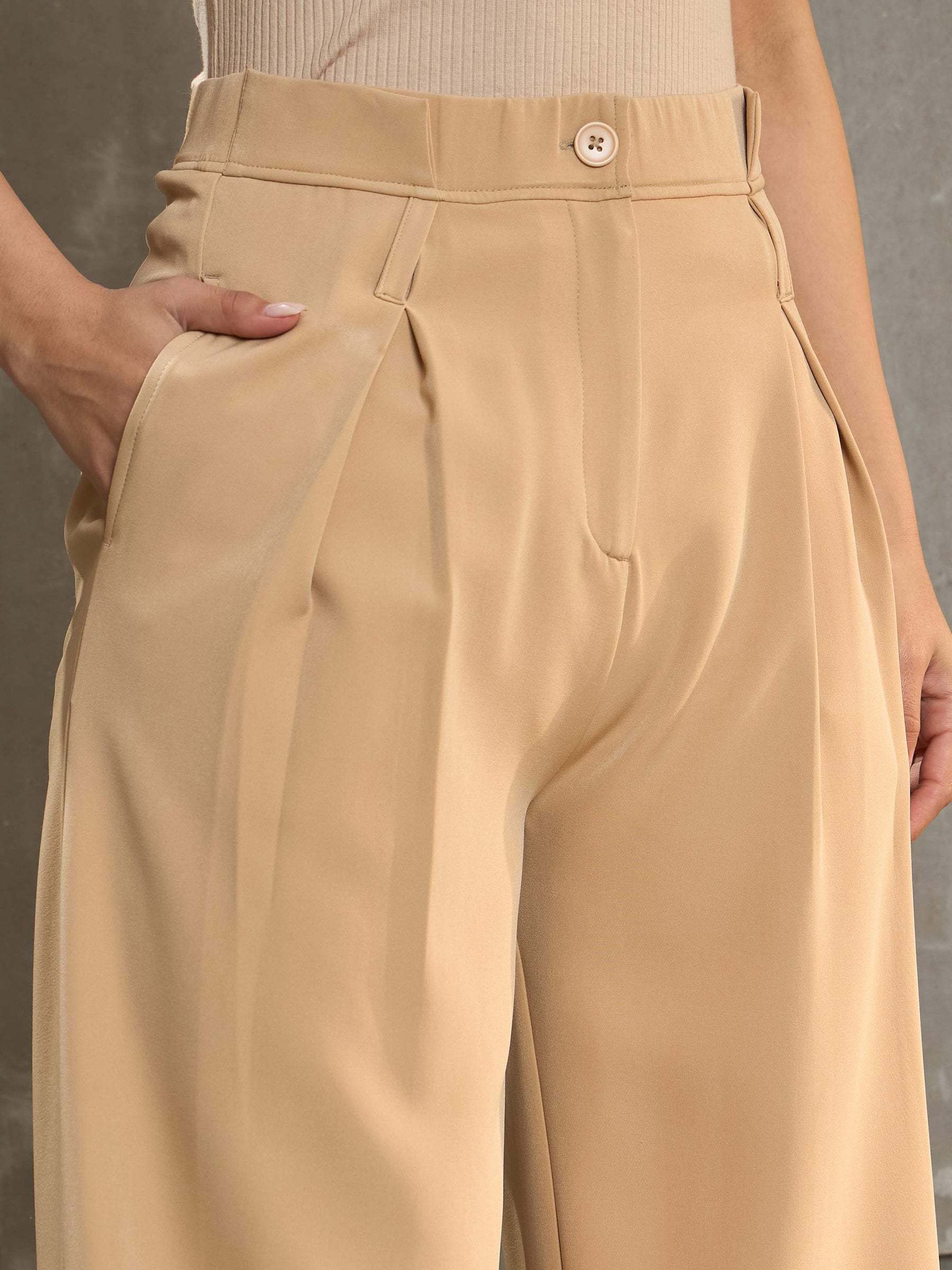 Beige Front Pleated High Rise Pants-SASSAFRAS