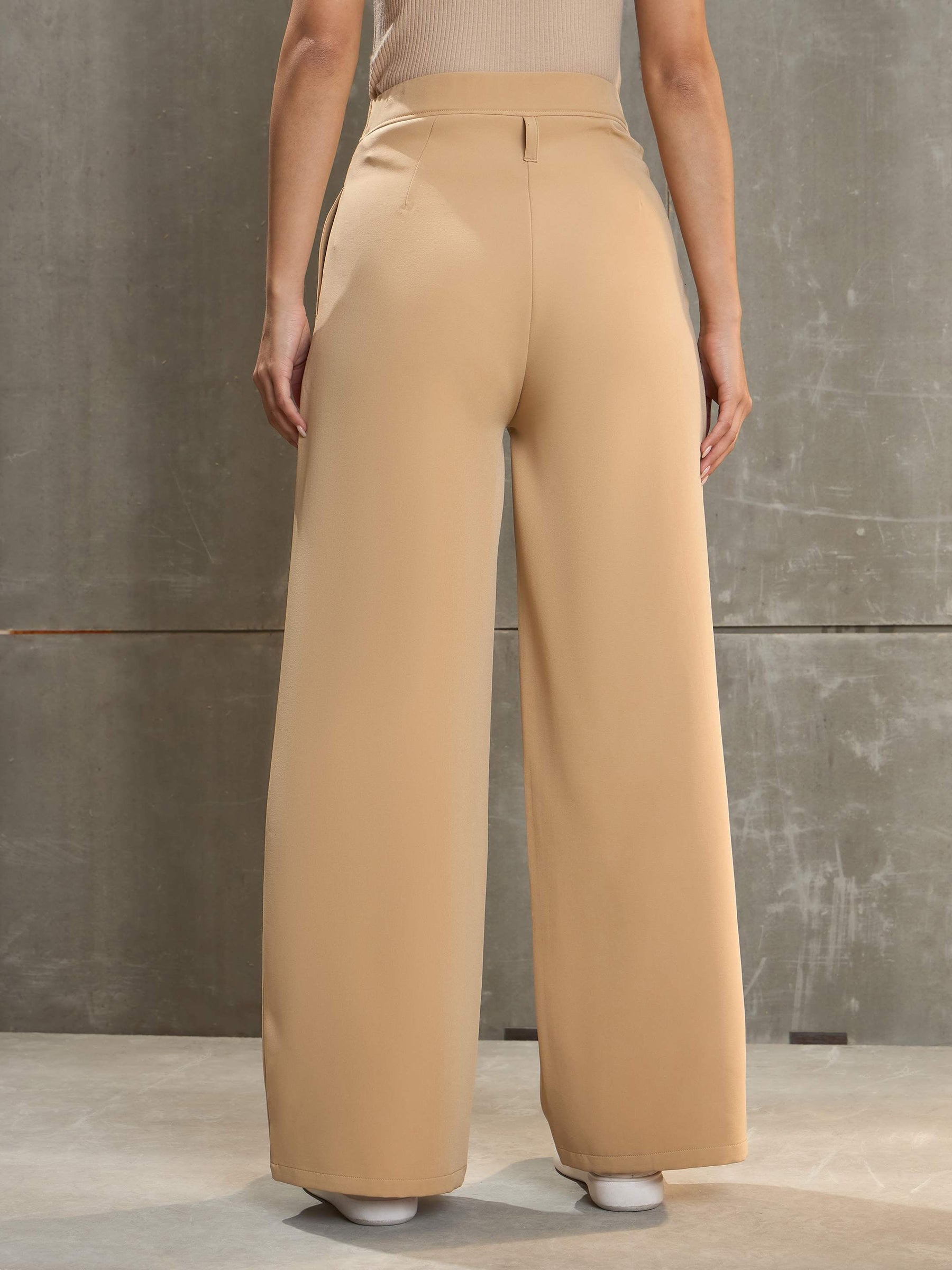 Beige Front Pleated High Rise Pants-SASSAFRAS
