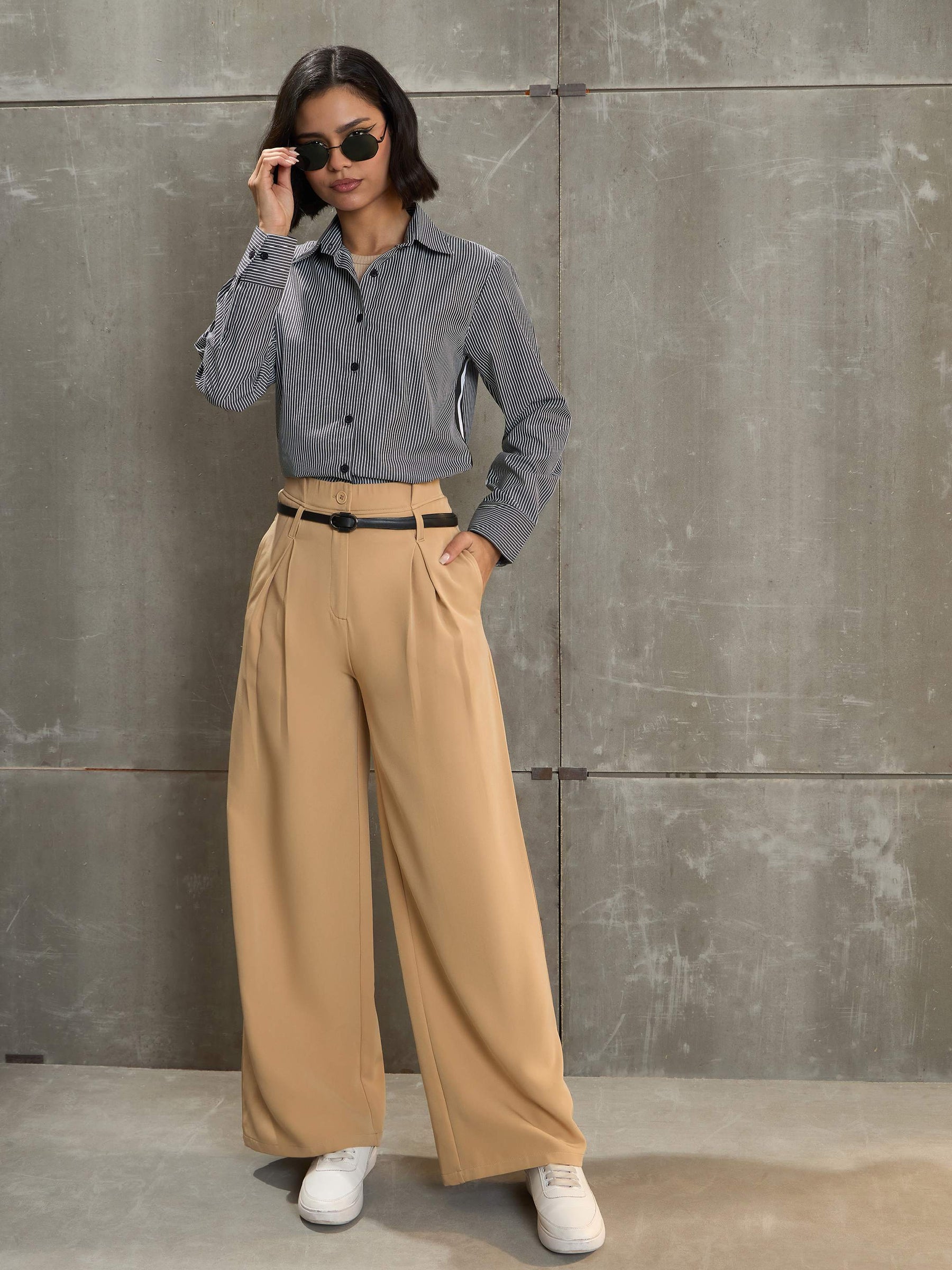 Beige Front Pleated High Rise Pants-SASSAFRAS