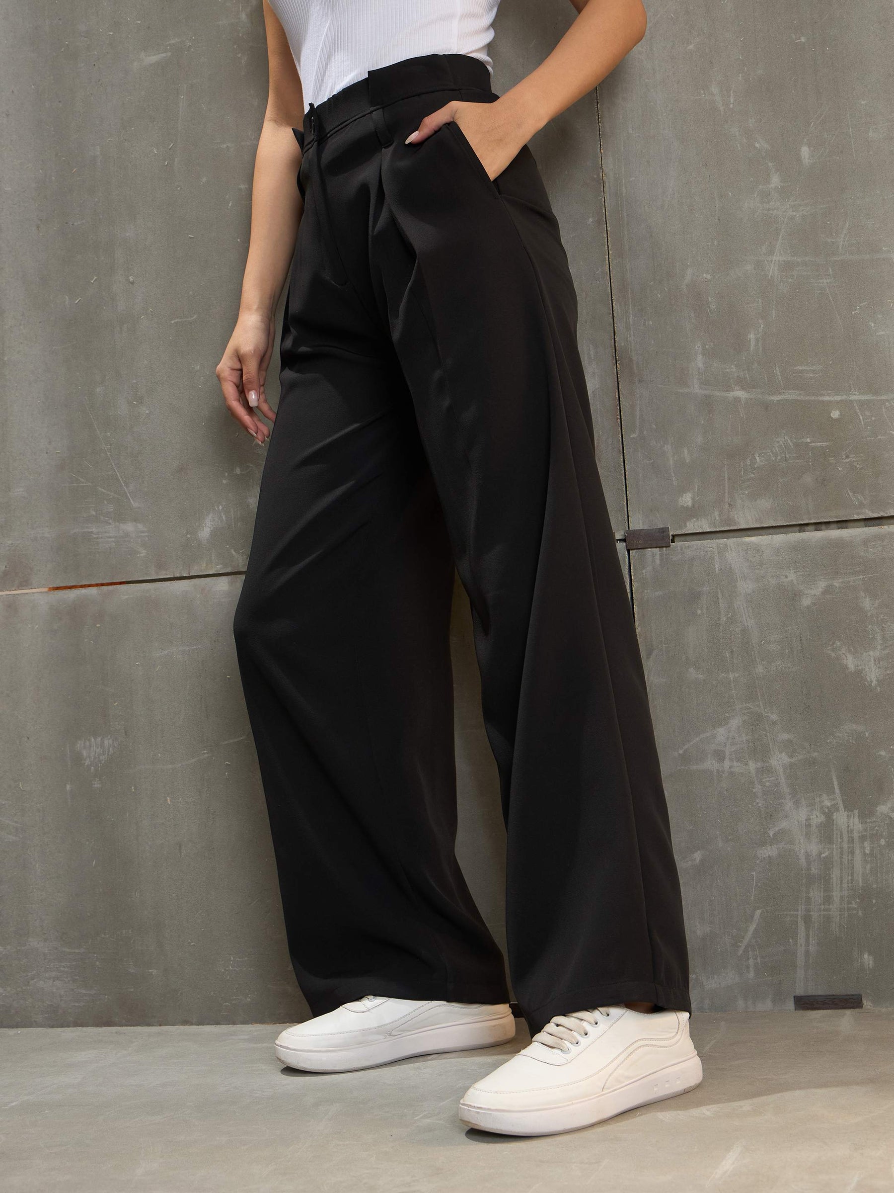 Black Front Pleated High Rise Pants-SASSAFRAS