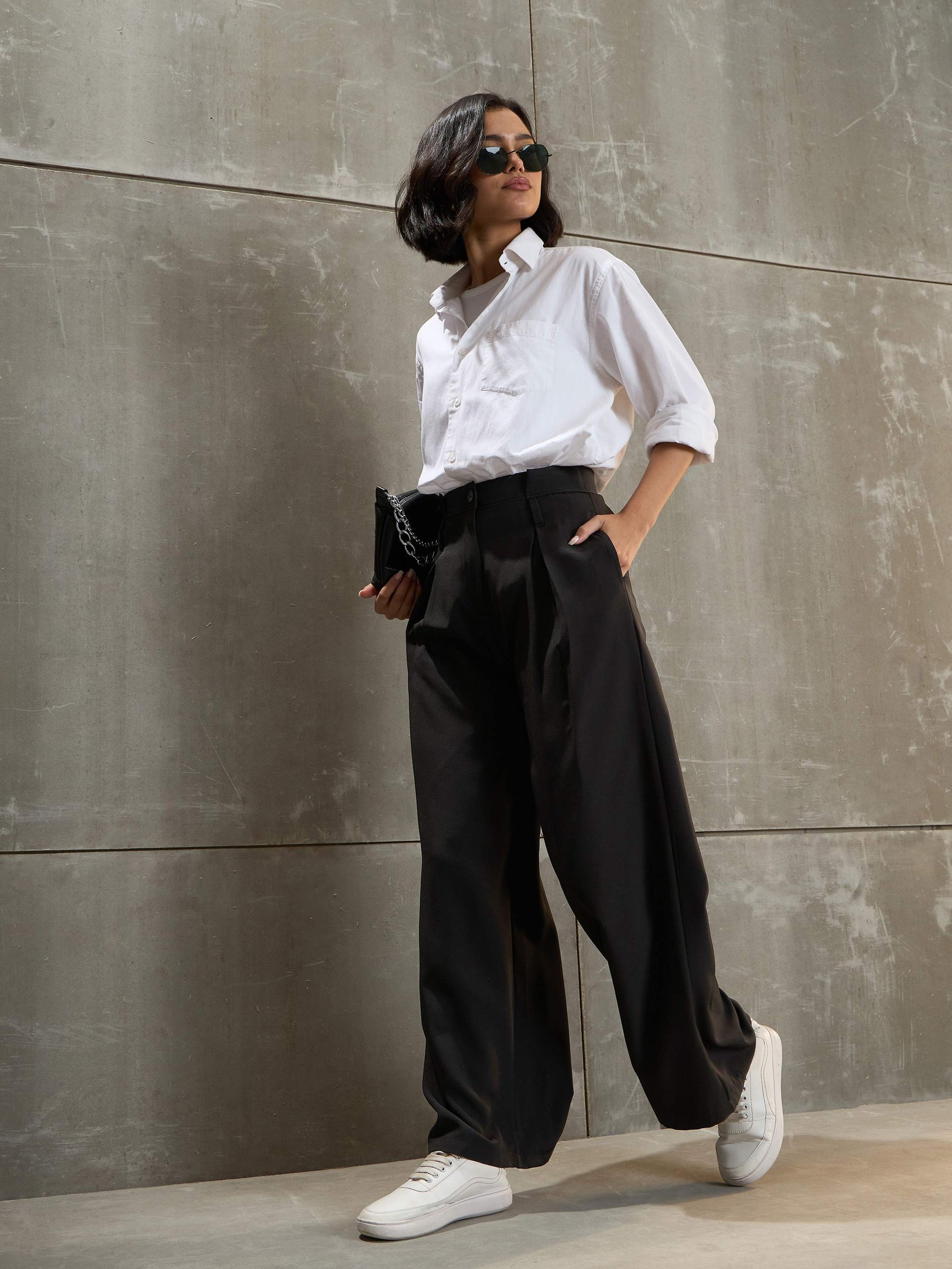 Black Front Pleated High Rise Pants-SASSAFRAS