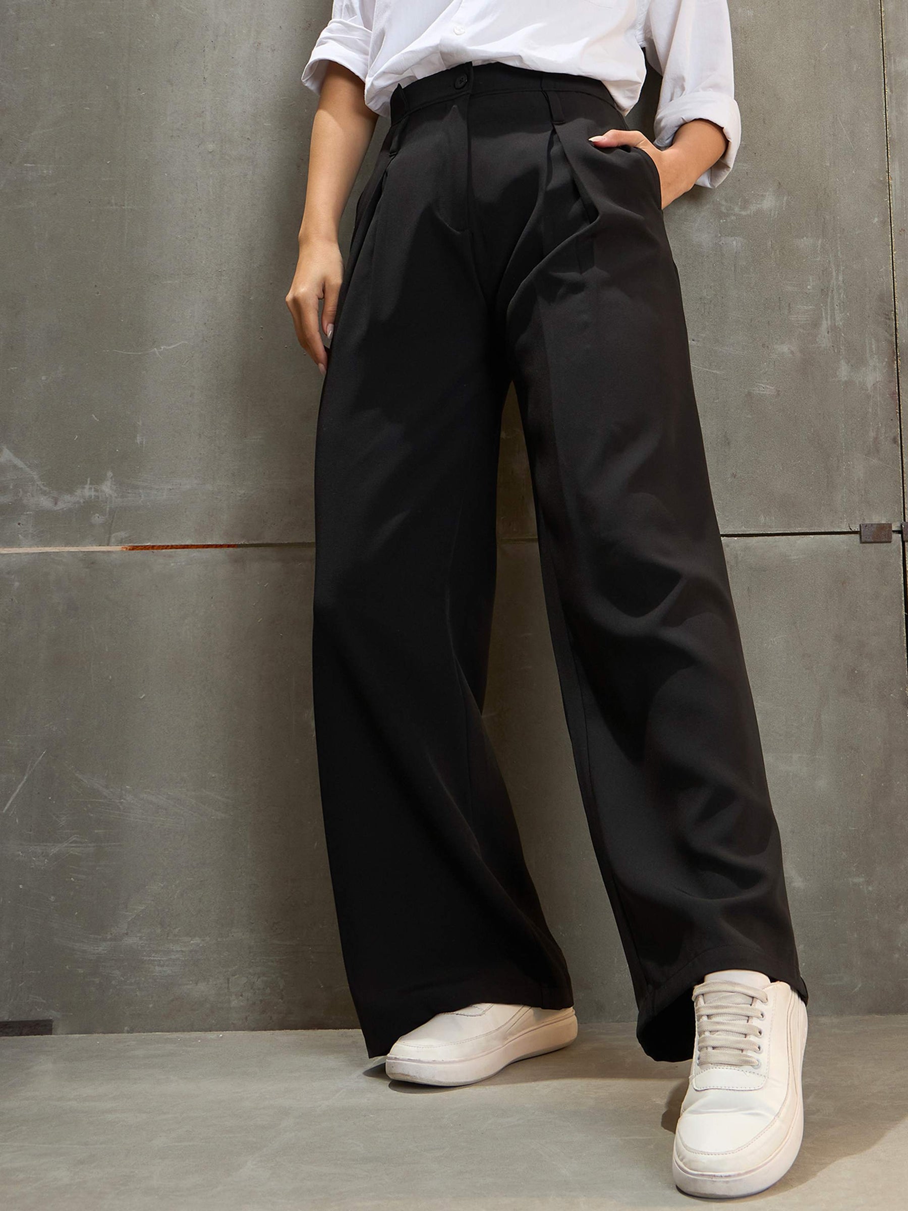 Black Front Pleated High Rise Pants-SASSAFRAS