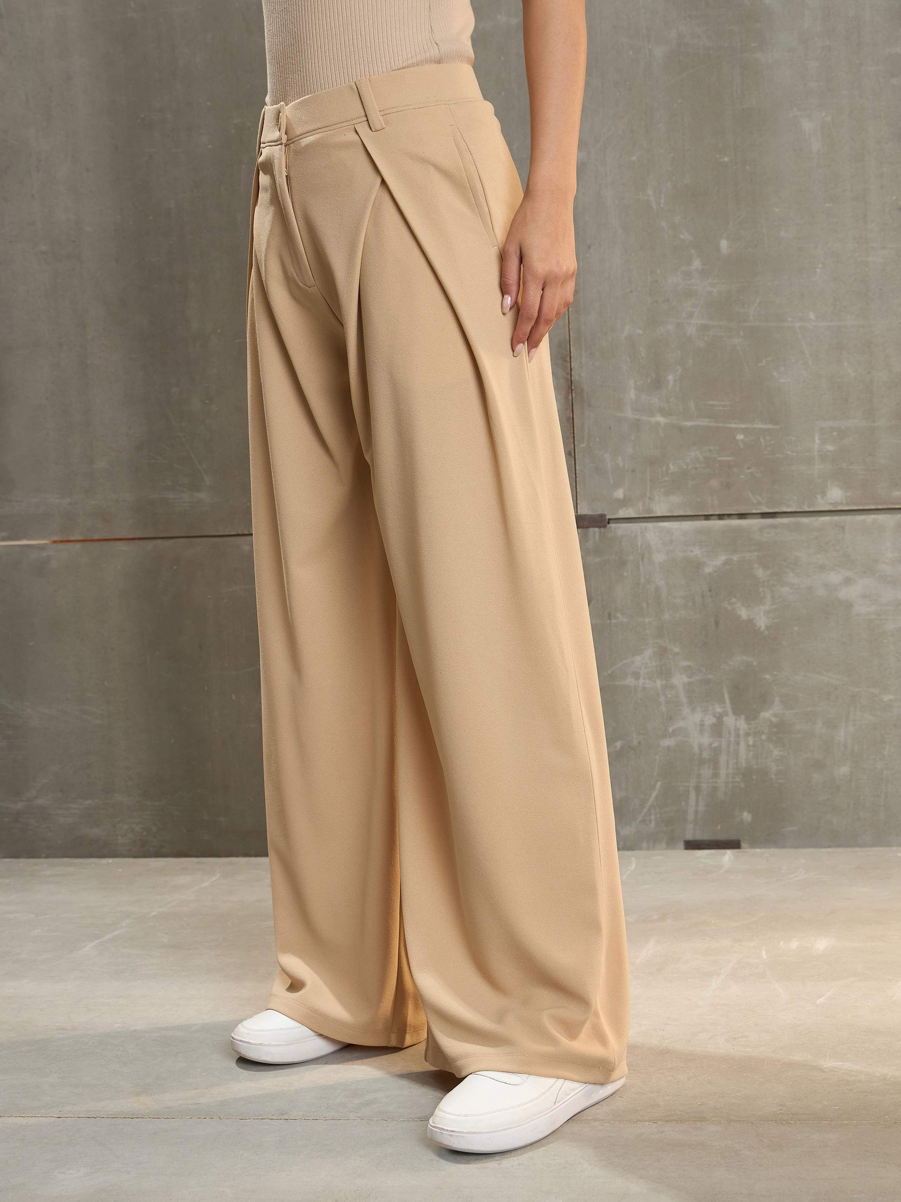 Beige Front Wrap Pleated Wide Leg Pants-SASSAFRAS