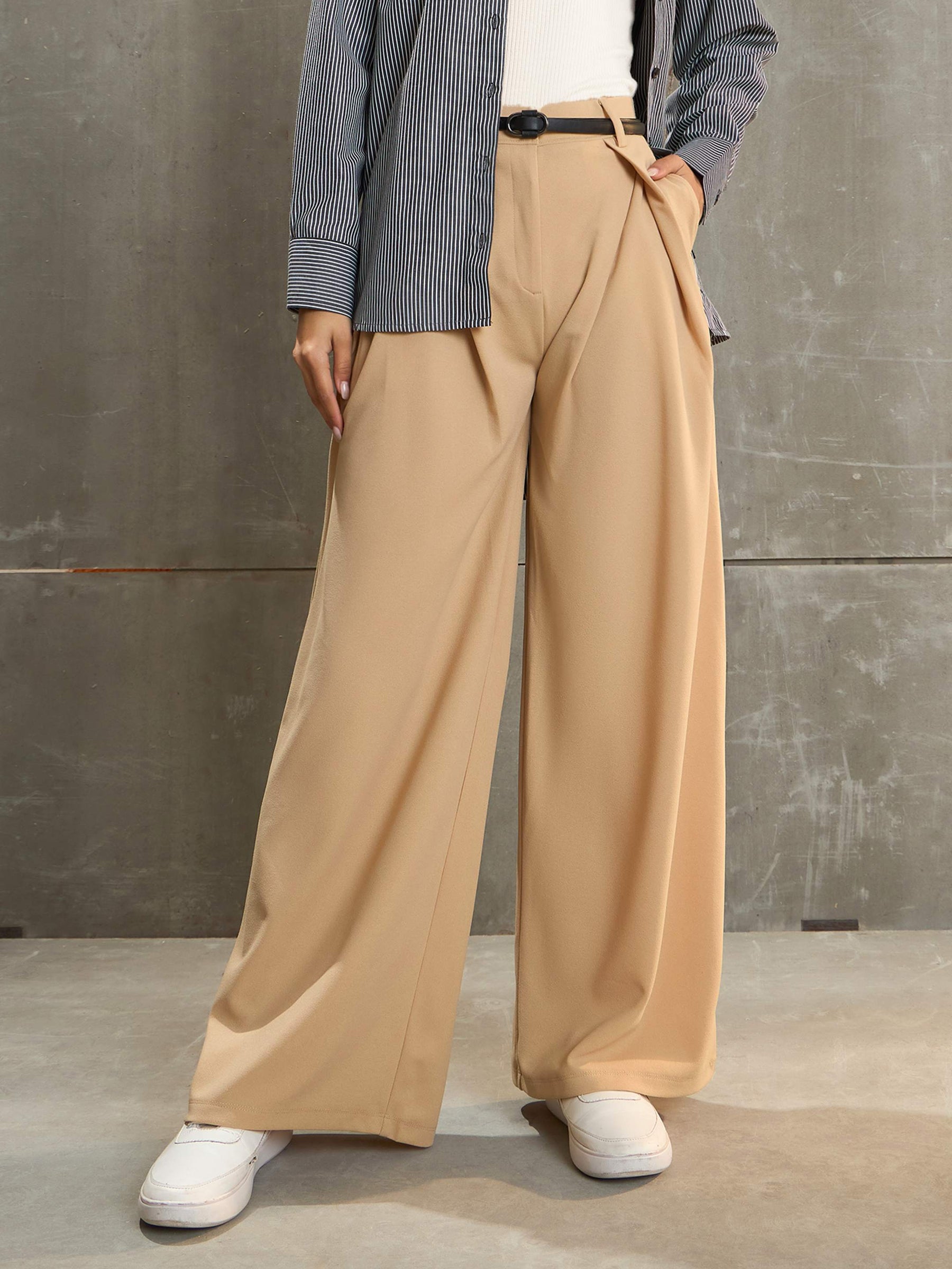 Beige Front Wrap Pleated Wide Leg Pants-SASSAFRAS