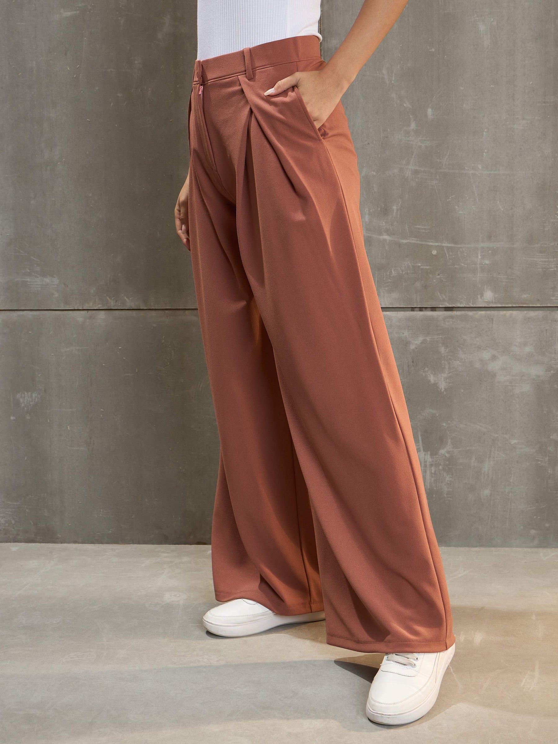 Rust Front Wrap Pleated Wide Leg Pants-SASSAFRAS