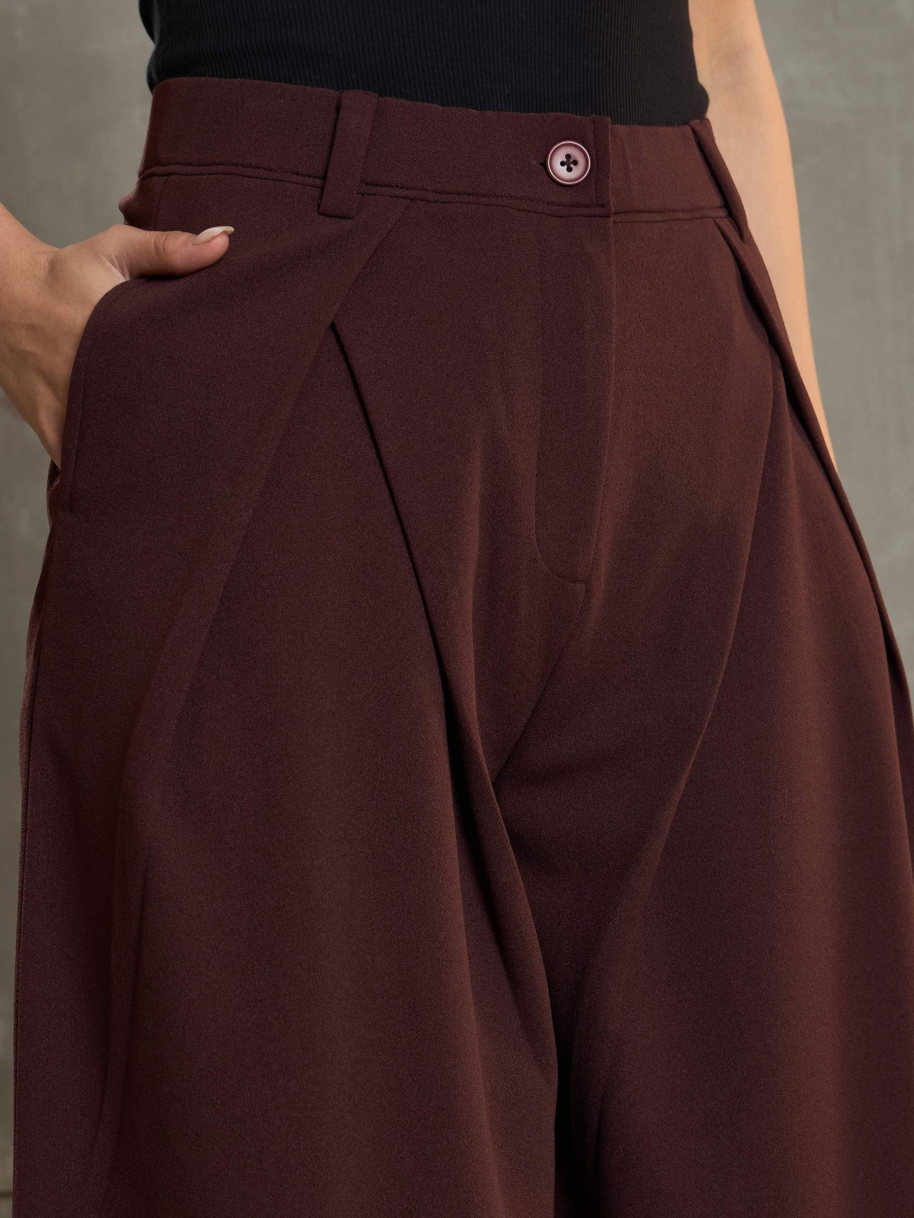 Brown Front Wrap Pleated Wide Leg Pants-SASSAFRAS