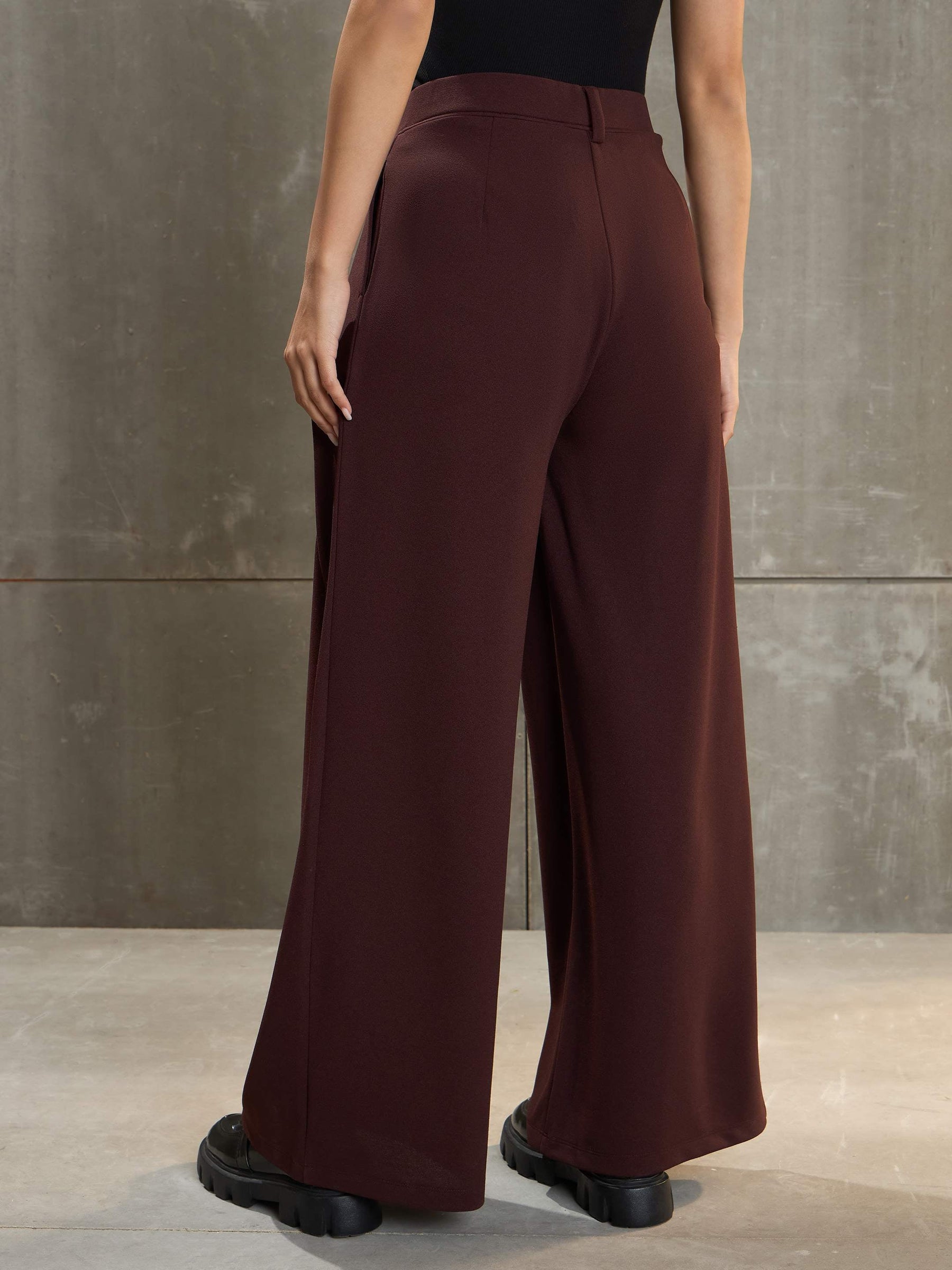 Brown Front Wrap Pleated Wide Leg Pants-SASSAFRAS