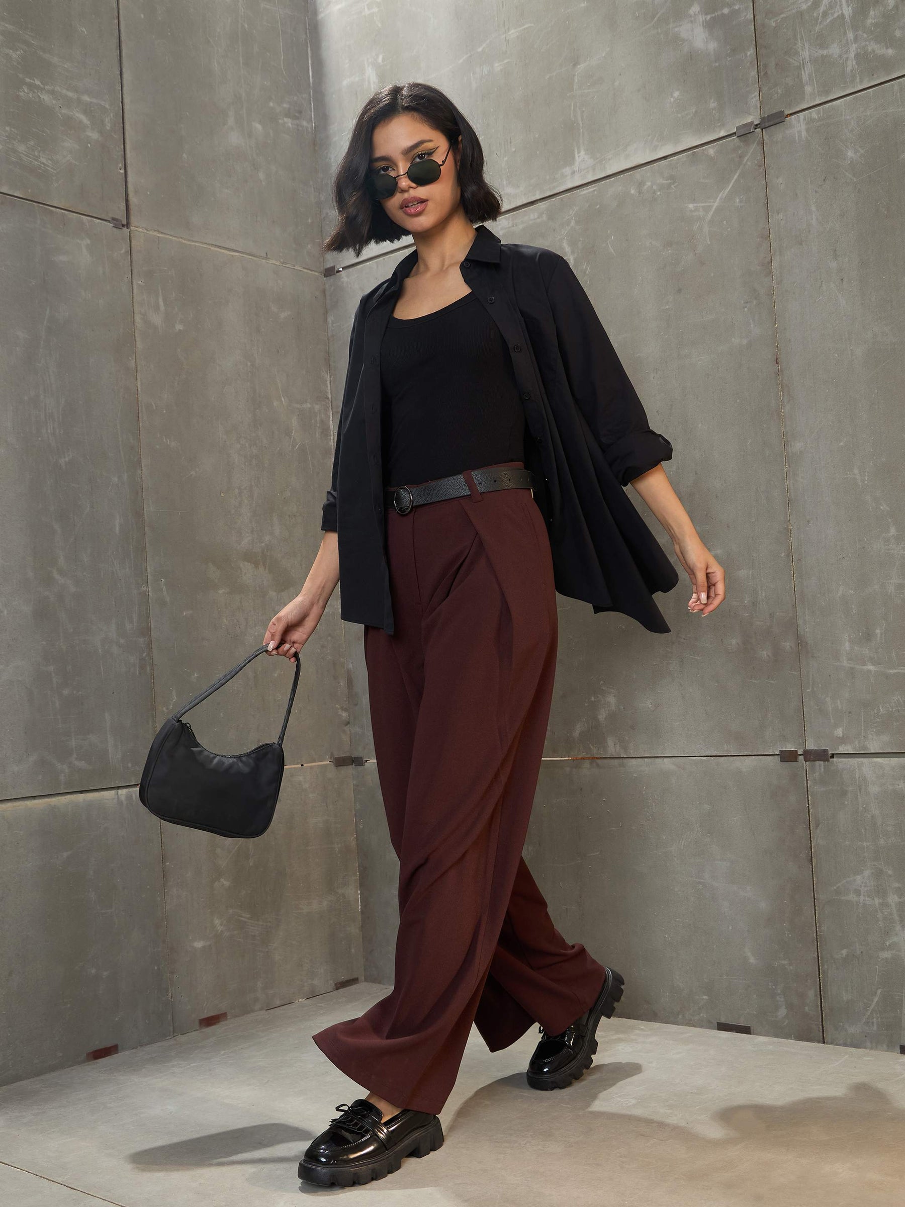 Brown Front Wrap Pleated Wide Leg Pants-SASSAFRAS