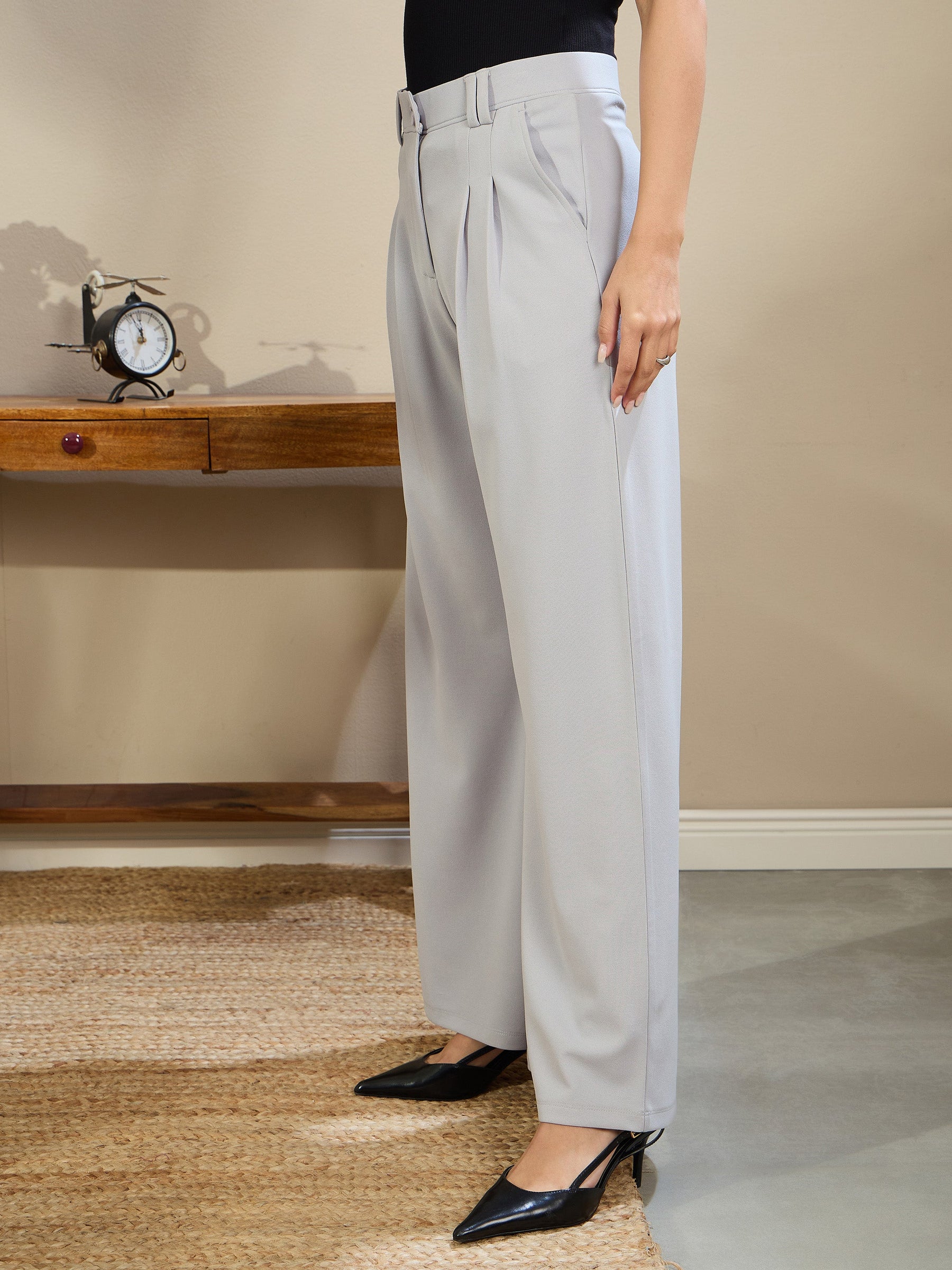 Grey Double Loop Flared Pleated Pants-SASSAFRAS BASICS