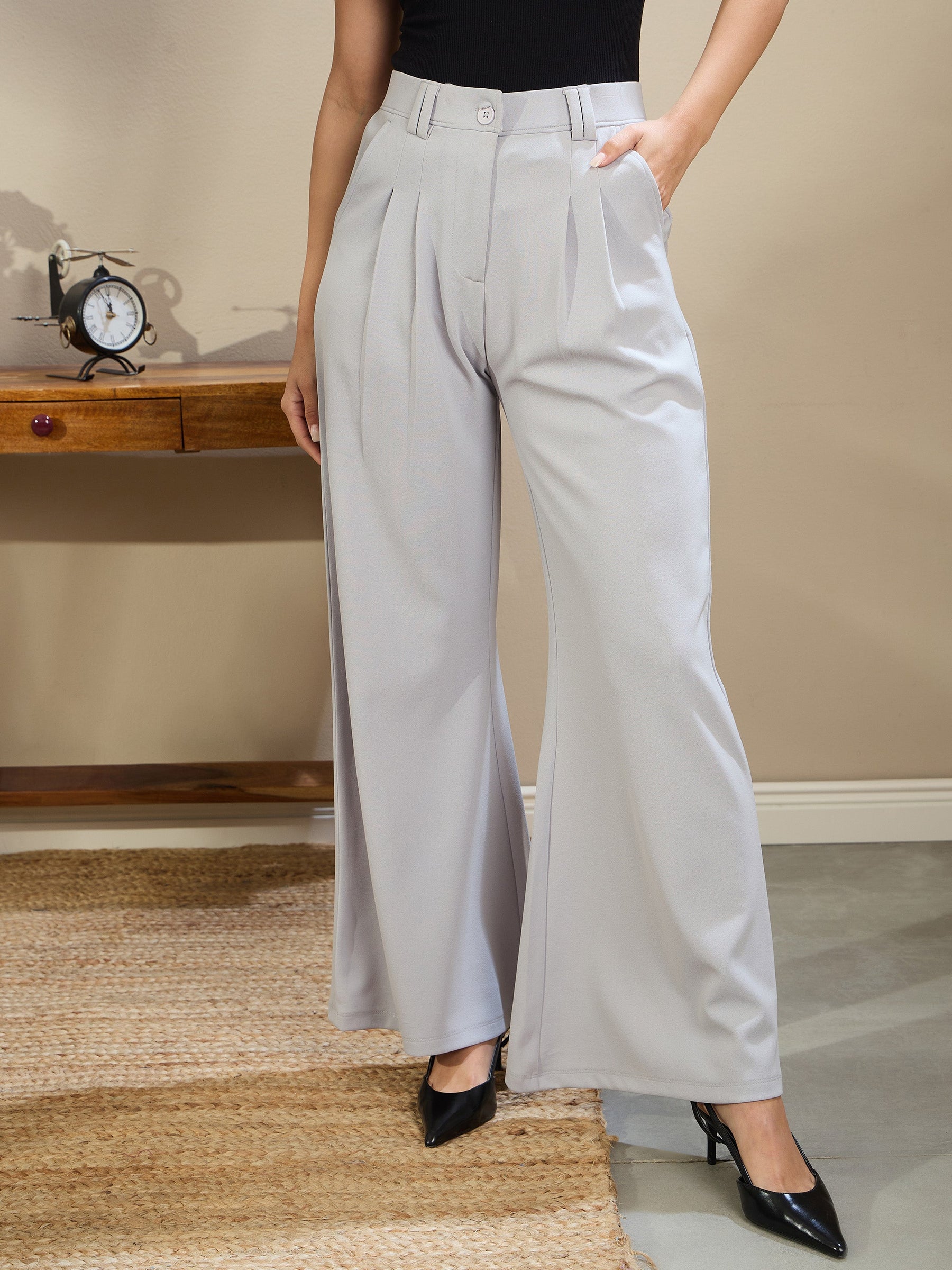 Grey Double Loop Flared Pleated Pants-SASSAFRAS BASICS