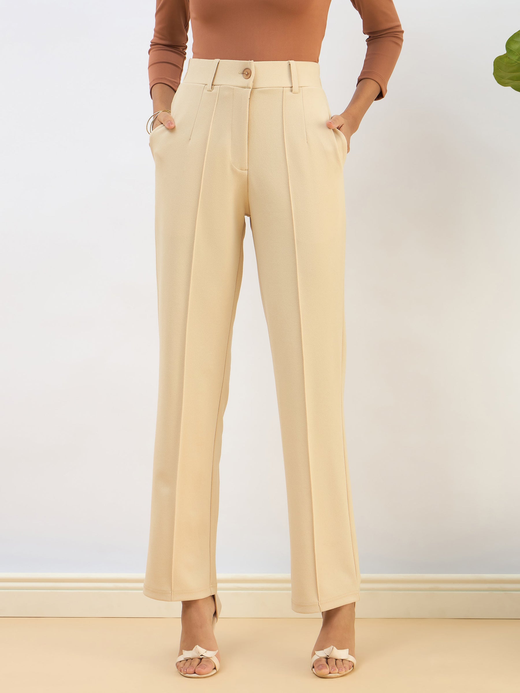 Beige Front Dart Straight Pants-SASSAFRAS BASICS