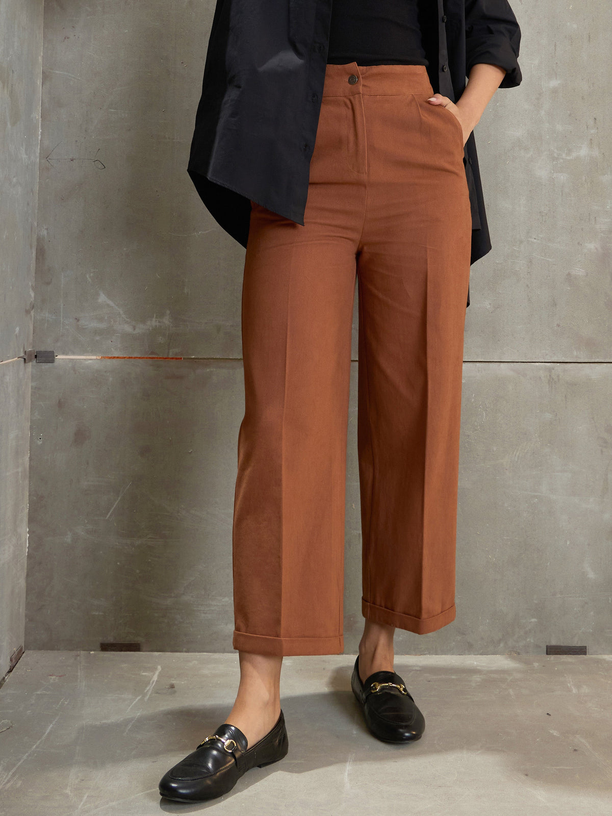 Brown Twill Wide Leg Pants -SASSAFRAS