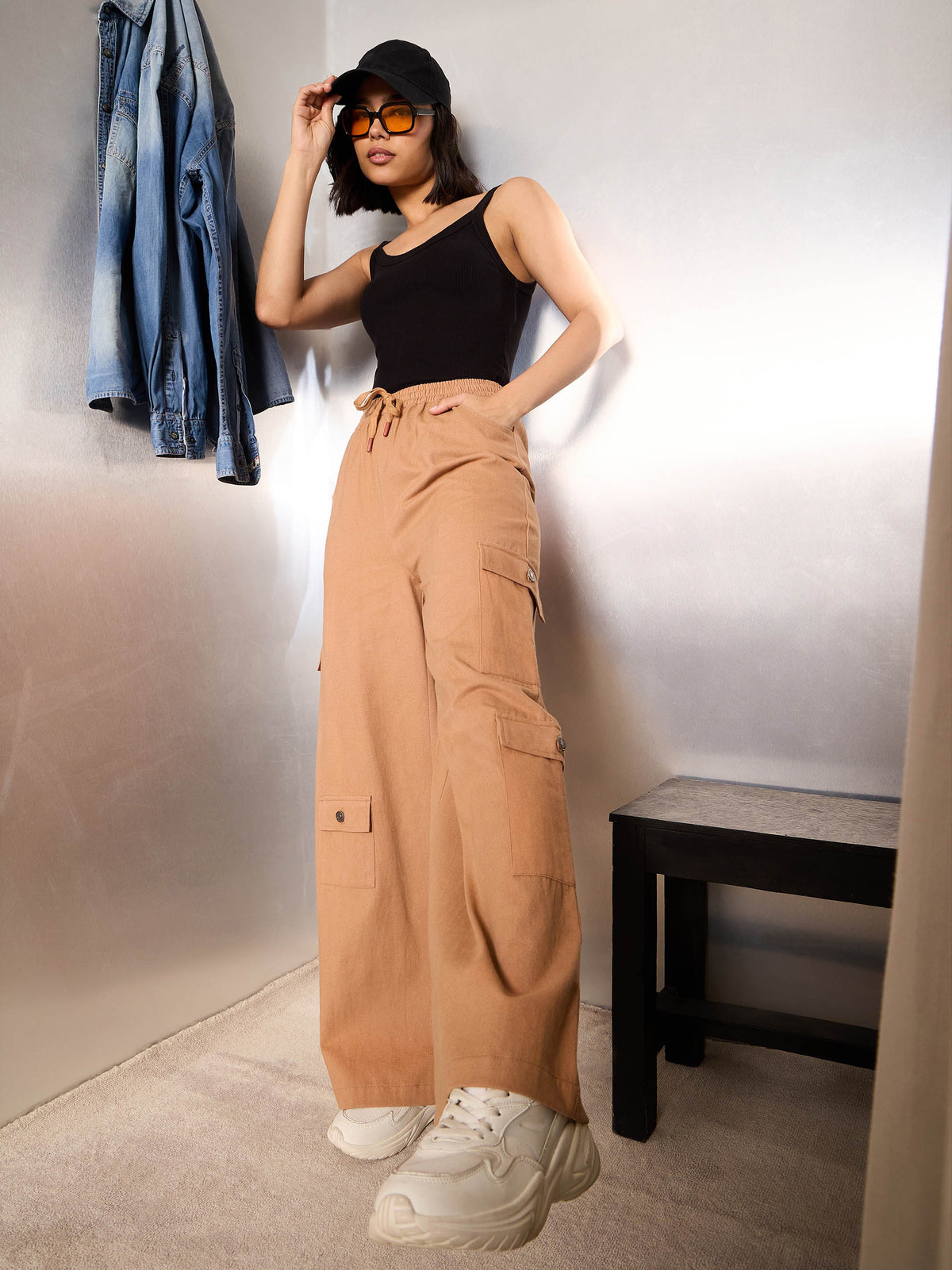 Light Brown Twill Drawstring Cargo Pants-SASSAFRAS