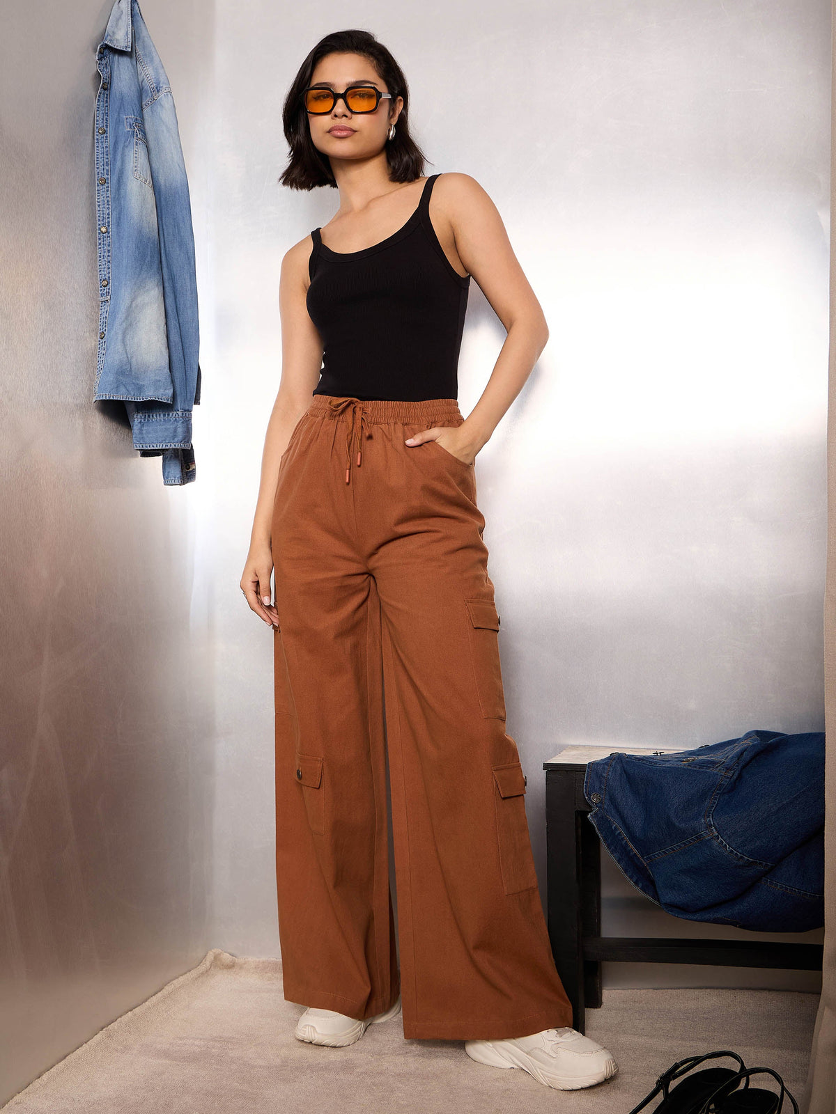 Dark Brown Twill Drawstring Cargo Pants-SASSAFRAS