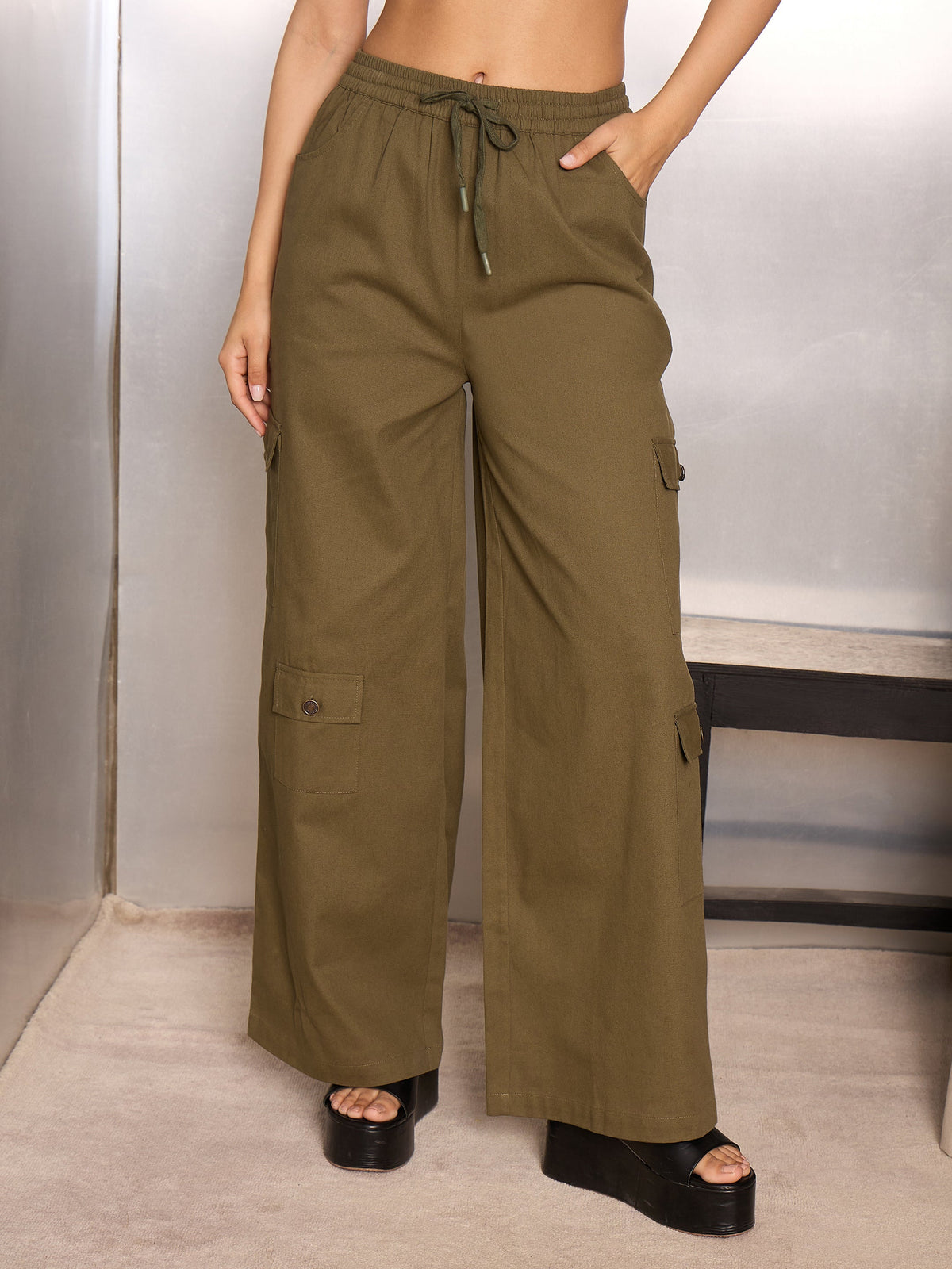 Olive Twill Drawstring Cargo Pants-SASSAFRAS