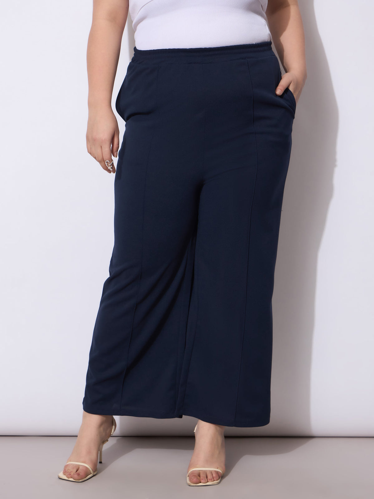 Navy Front Seam Elasticated Straight Pants -SASSAFRAS Curve
