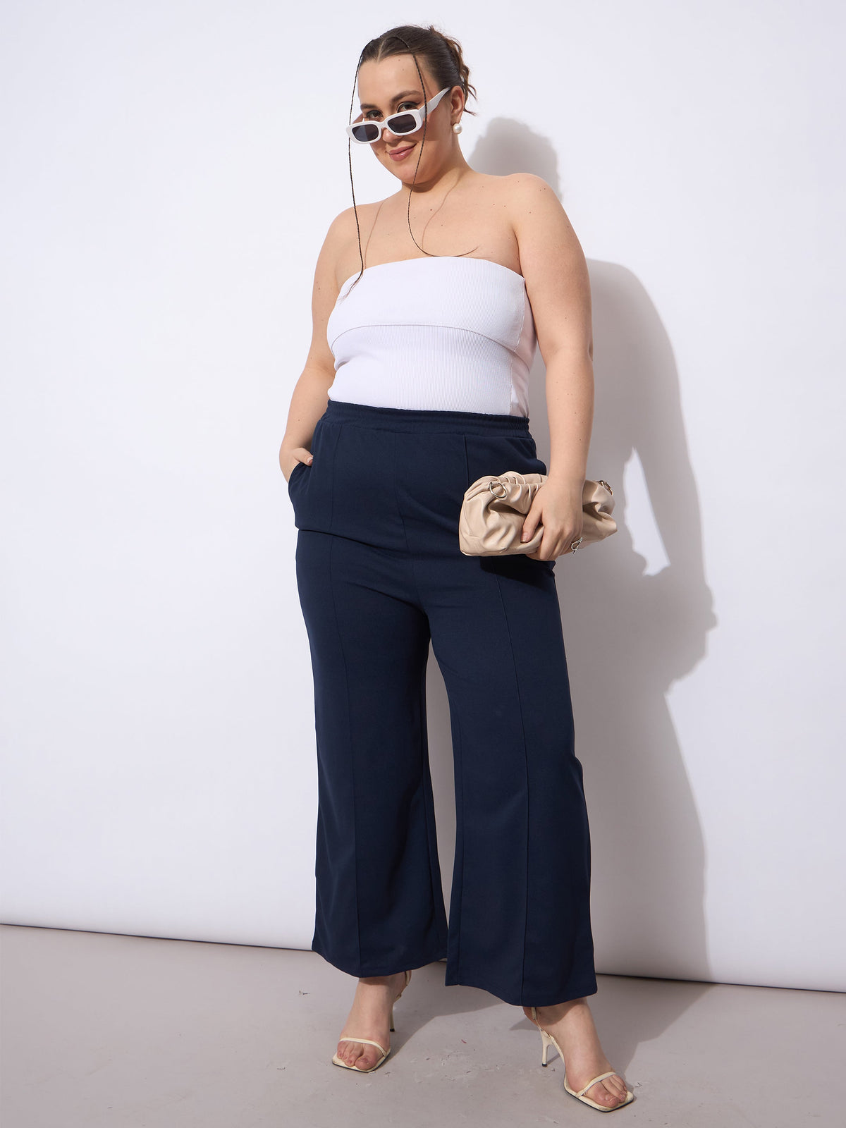Navy Front Seam Elasticated Straight Pants -SASSAFRAS Curve