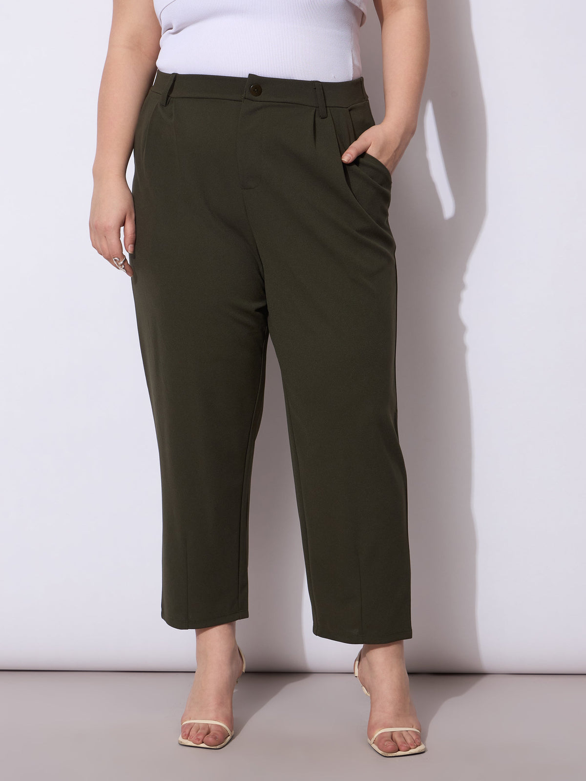 Olive Front Pleated Mom Fit Pants -SASSAFRAS Curve