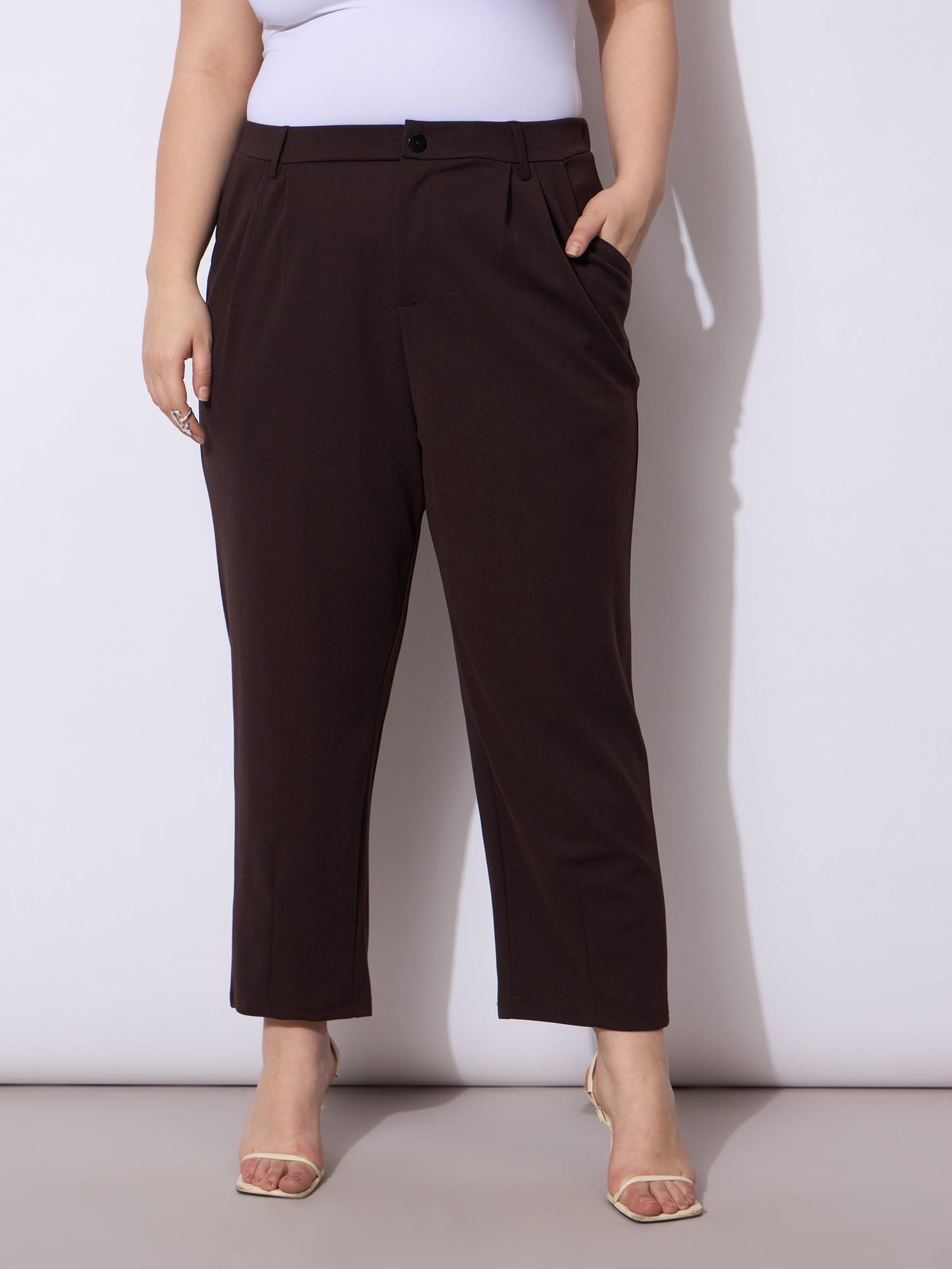 Dark Brown Front Pleated Mom Fit Pants -SASSAFRAS Curve