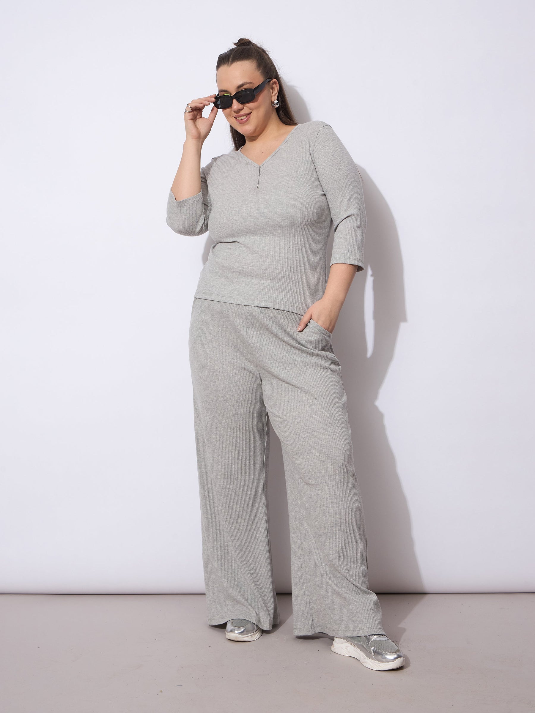 Grey Rib Drawstring Straight Pants-SASSAFRAS Curve