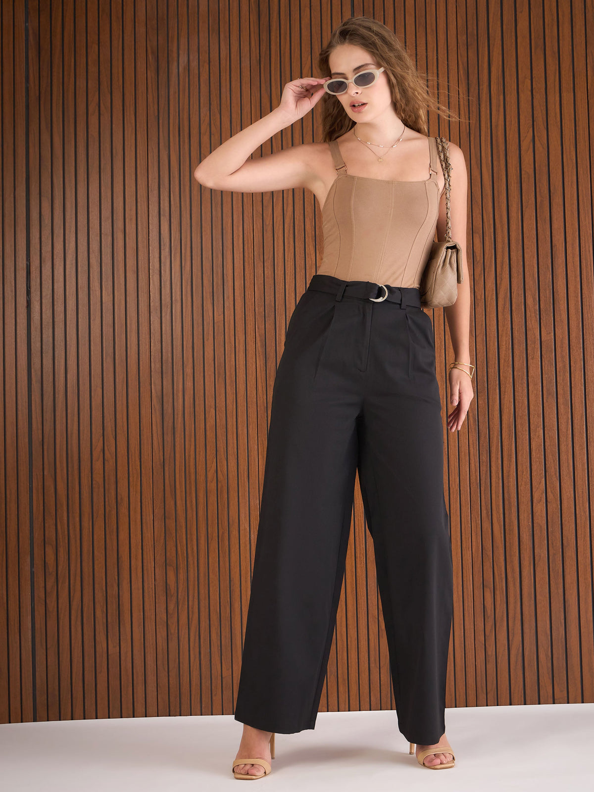 Black Front Pleated Straight Fit Pants-SASSAFRAS