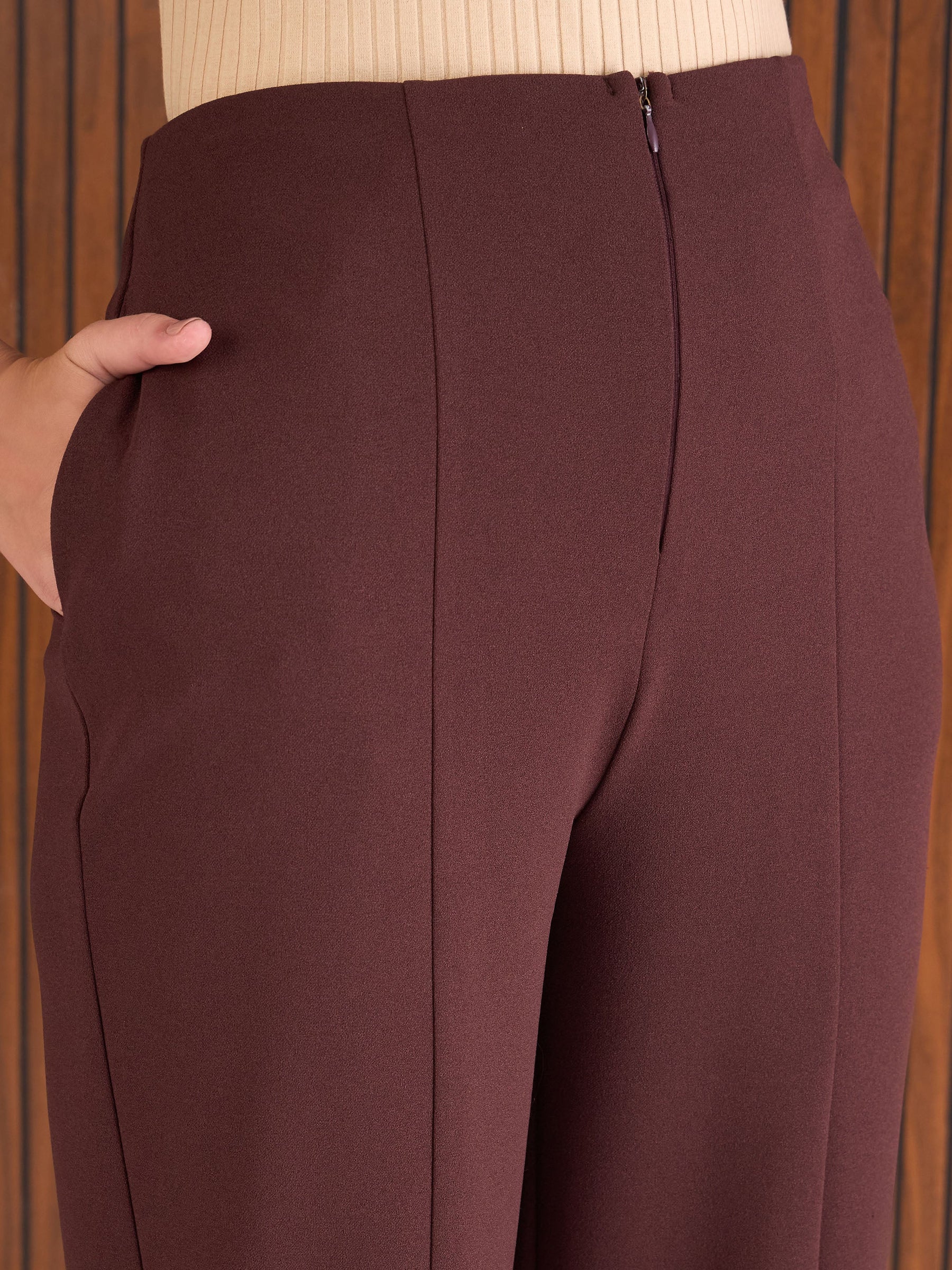 Burgundy Front Darted High Waisted Pants-SASSAFRAS