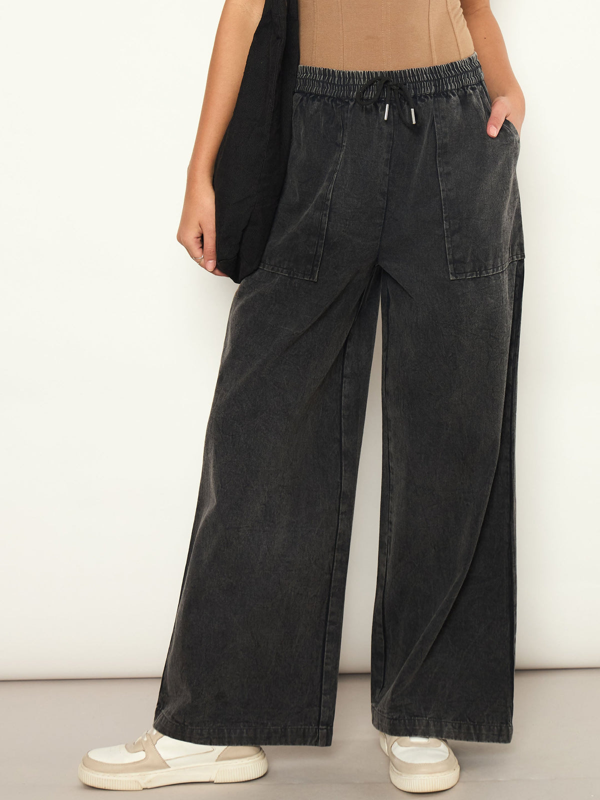 Black Overdyed Elasticated Straight Pants-SASSAFRAS
