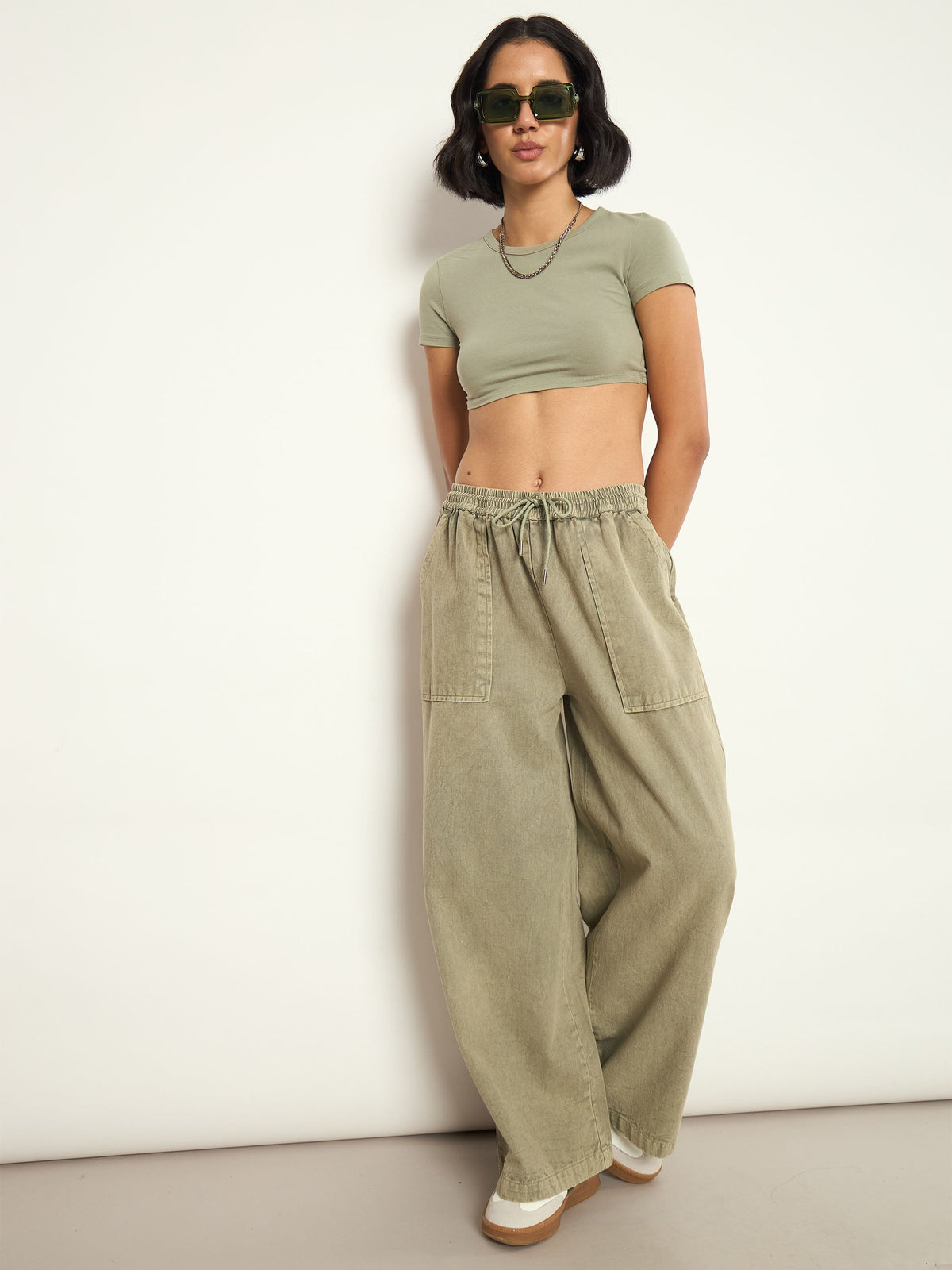 Olive Overdyed Elasticated Straight Pants-SASSAFRAS