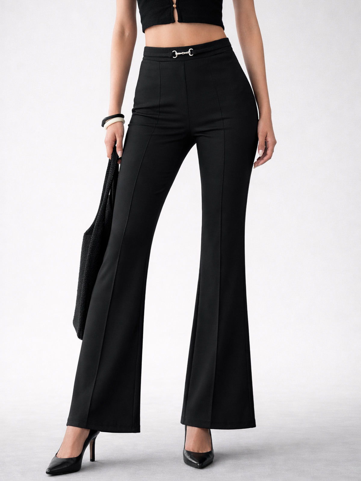 Black Front Metal Trim Bell Bottom Pants-SASSAFRAS worklyf