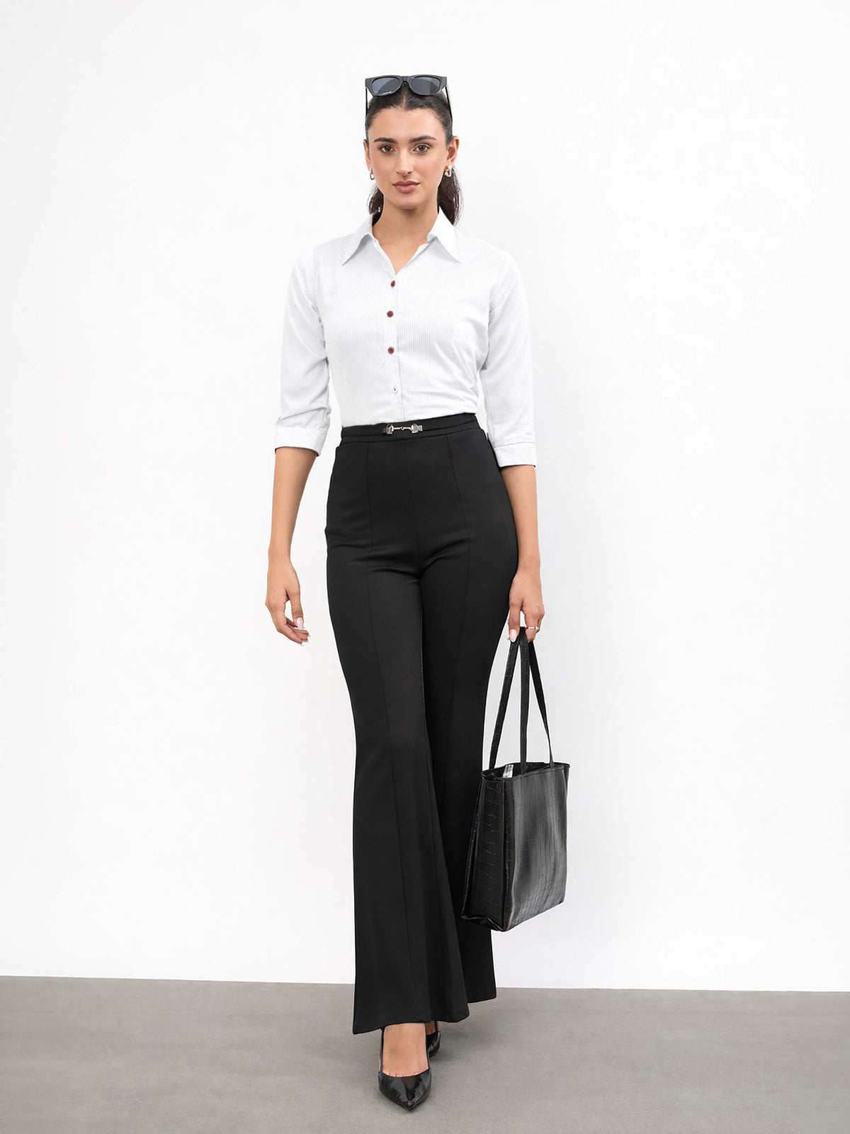 Black Front Metal Trim Bell Bottom Pants-SASSAFRAS worklyf