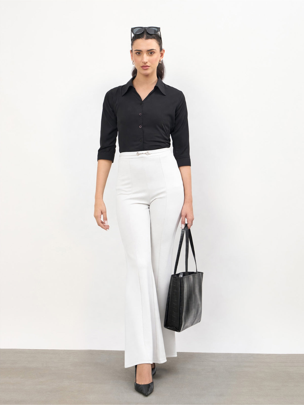 White Front Metal Trim Bell Bottom Pants-SASSAFRAS worklyf