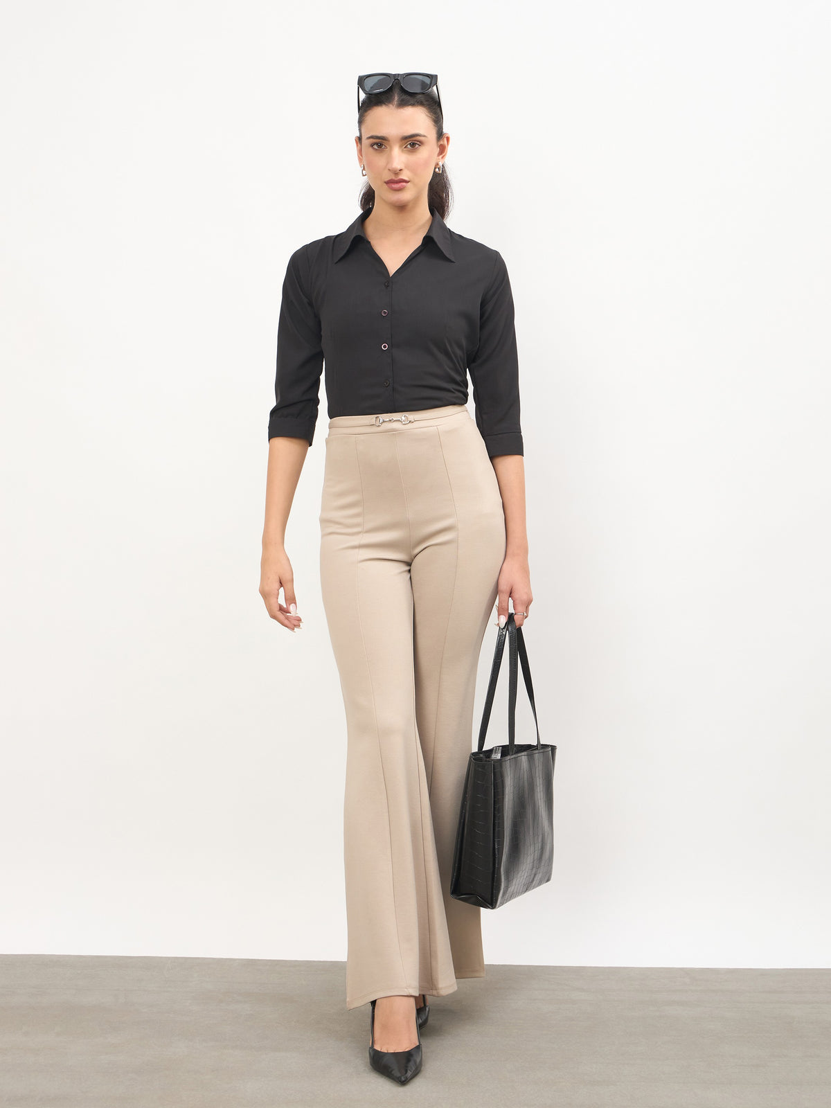 Beige Front Metal Trim Bell Bottom Pants-SASSAFRAS worklyf