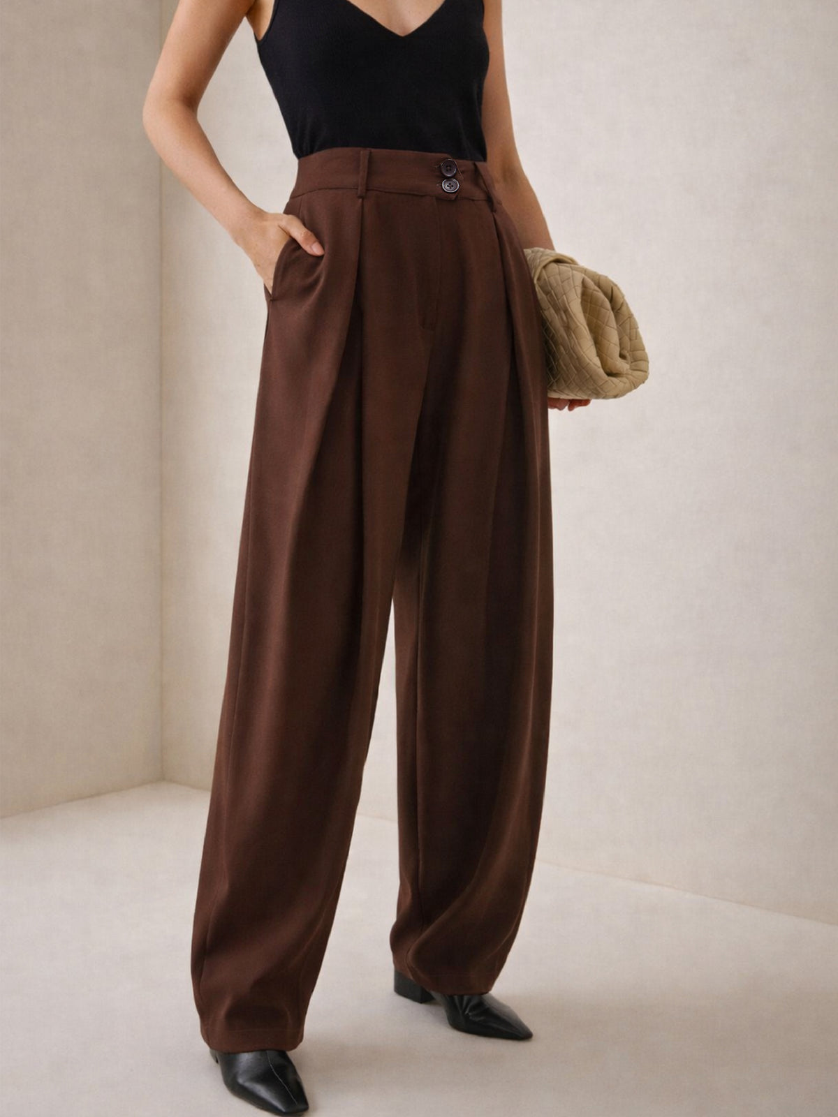 Women Dark Brown Overlapping Pleats Korean Pants