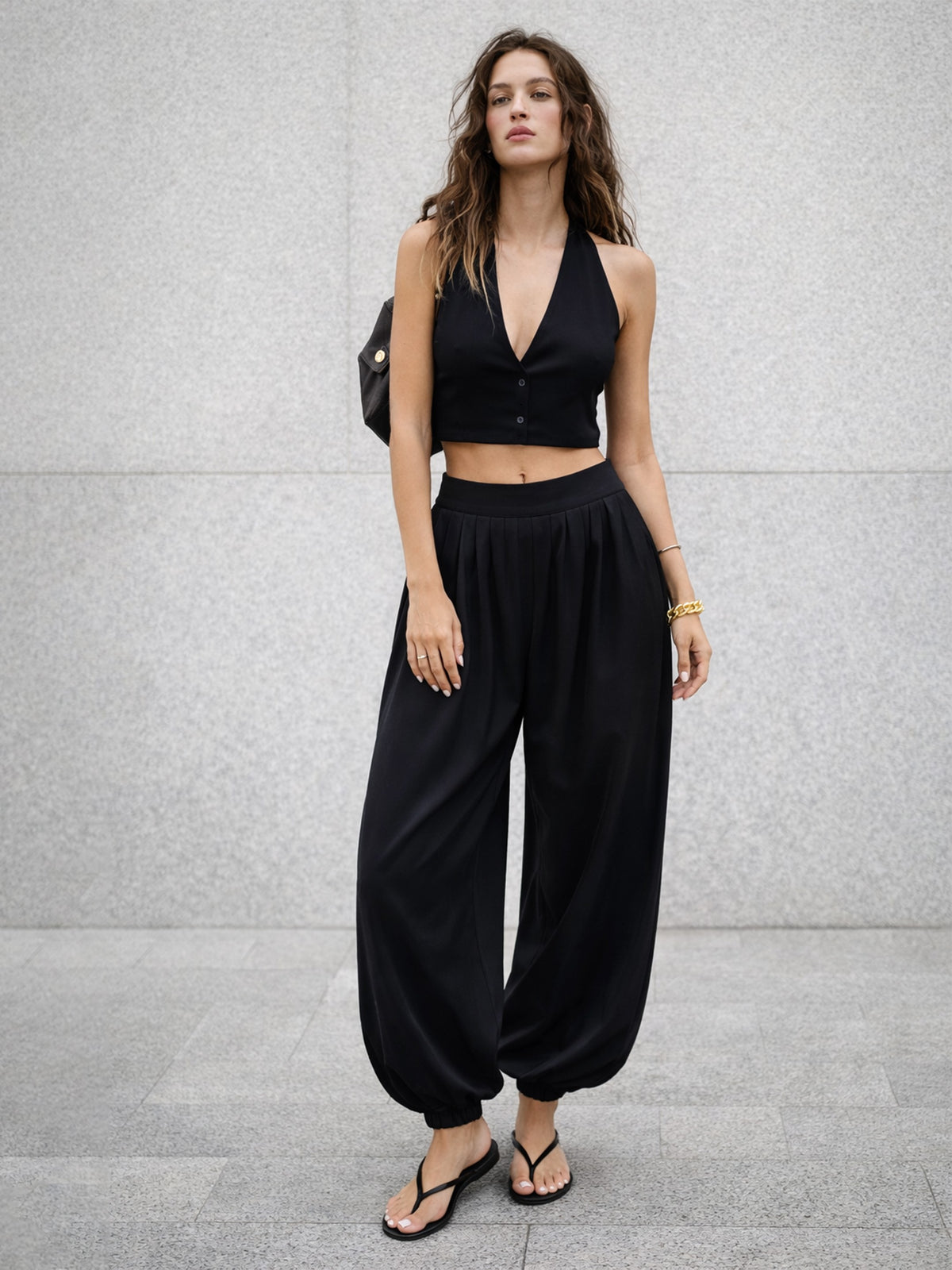 Black Front Pleated Balloon Pants-SASSAFRAS