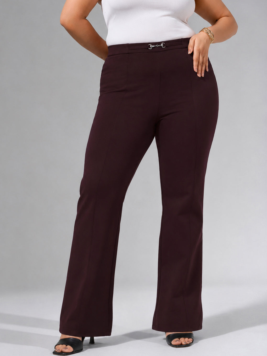 Burgundy Roma Front Metal Trim Bell Bottom Pants-SASSAFRAS Curve