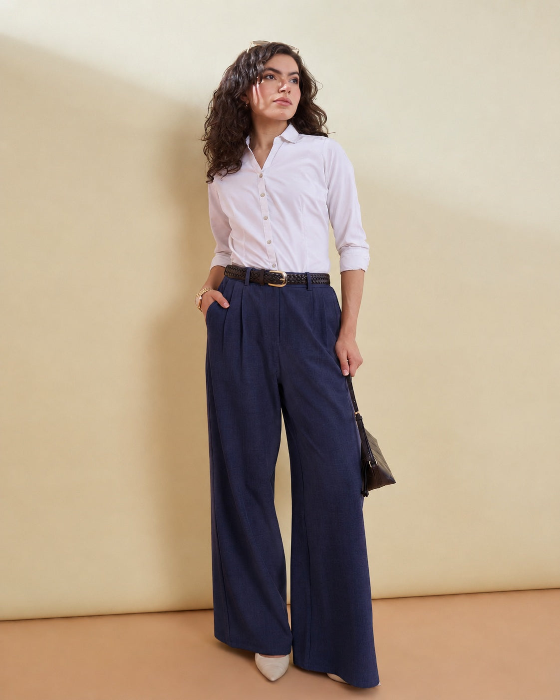 Navy Wide Leg High-Rise Pleated Trousers-SASSAFRAS worklyf