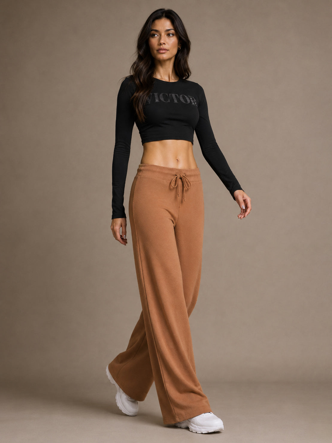 Tan Terry Wide Leg Track Pants-SASSAFRAS