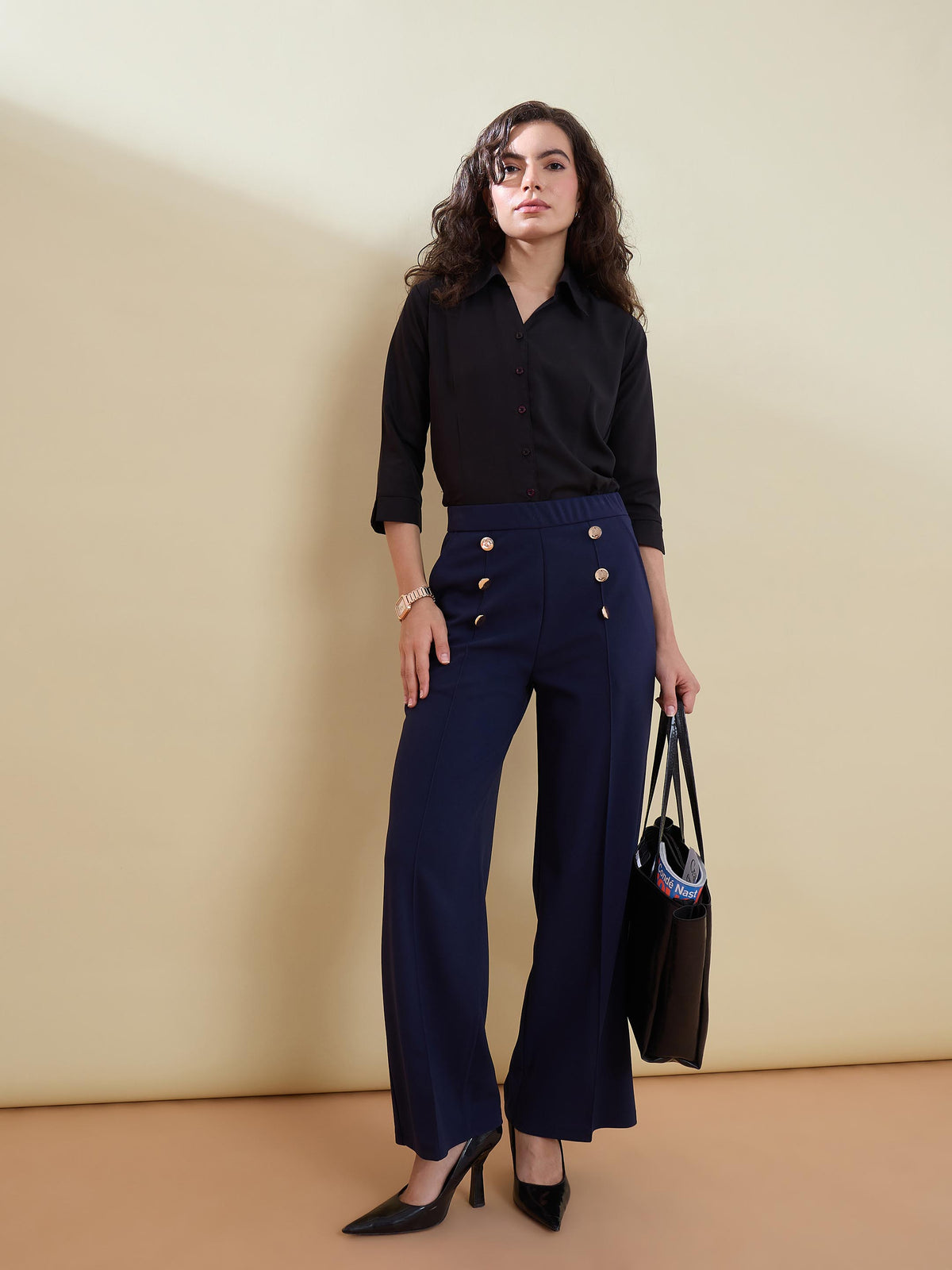 Navy Front Darted Golden Button Straight Pants-SASSAFRAS worklyf