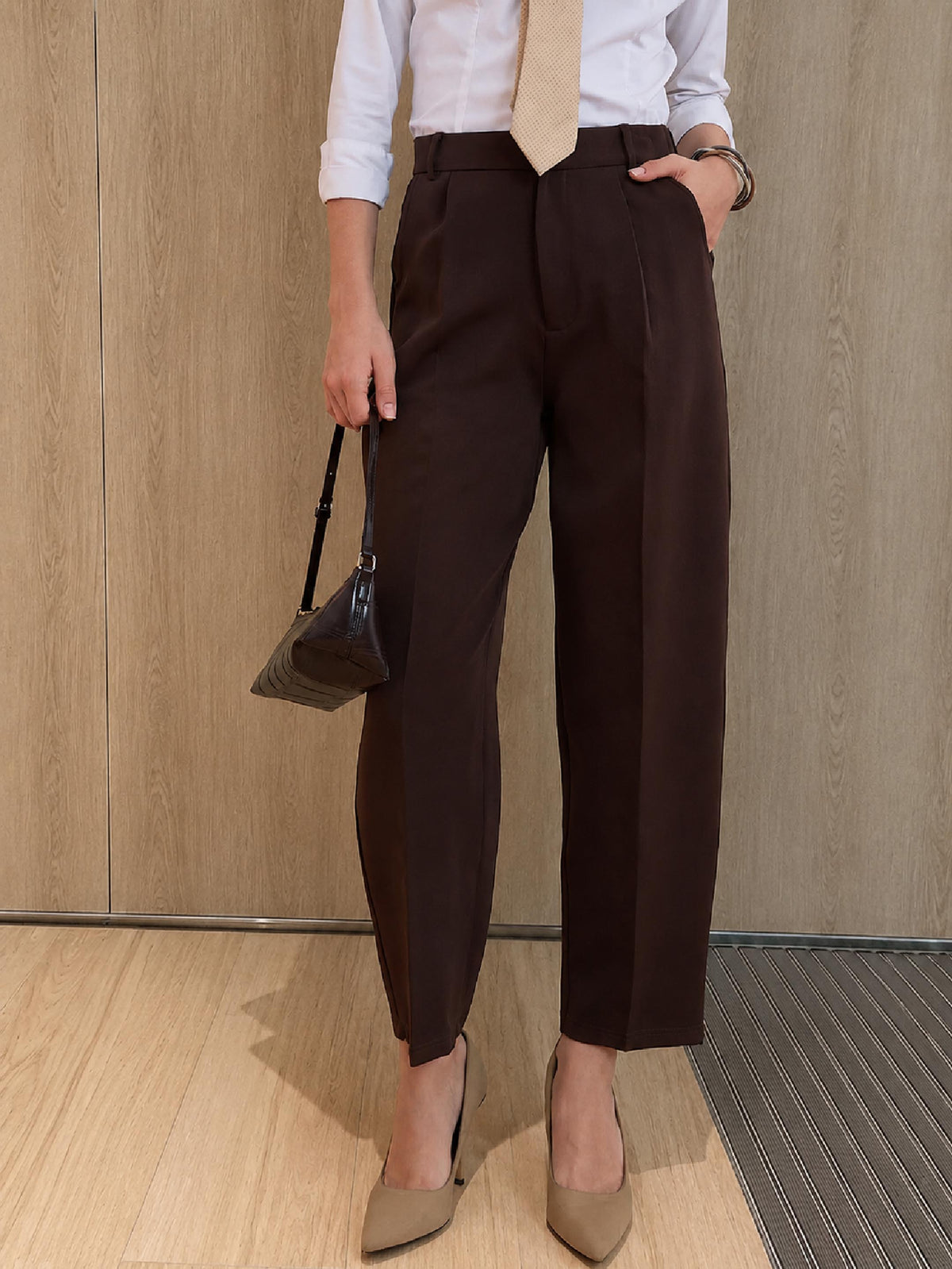 Coffee Brown High-Rise Formal Trousers-SASSAFRAS worklyf