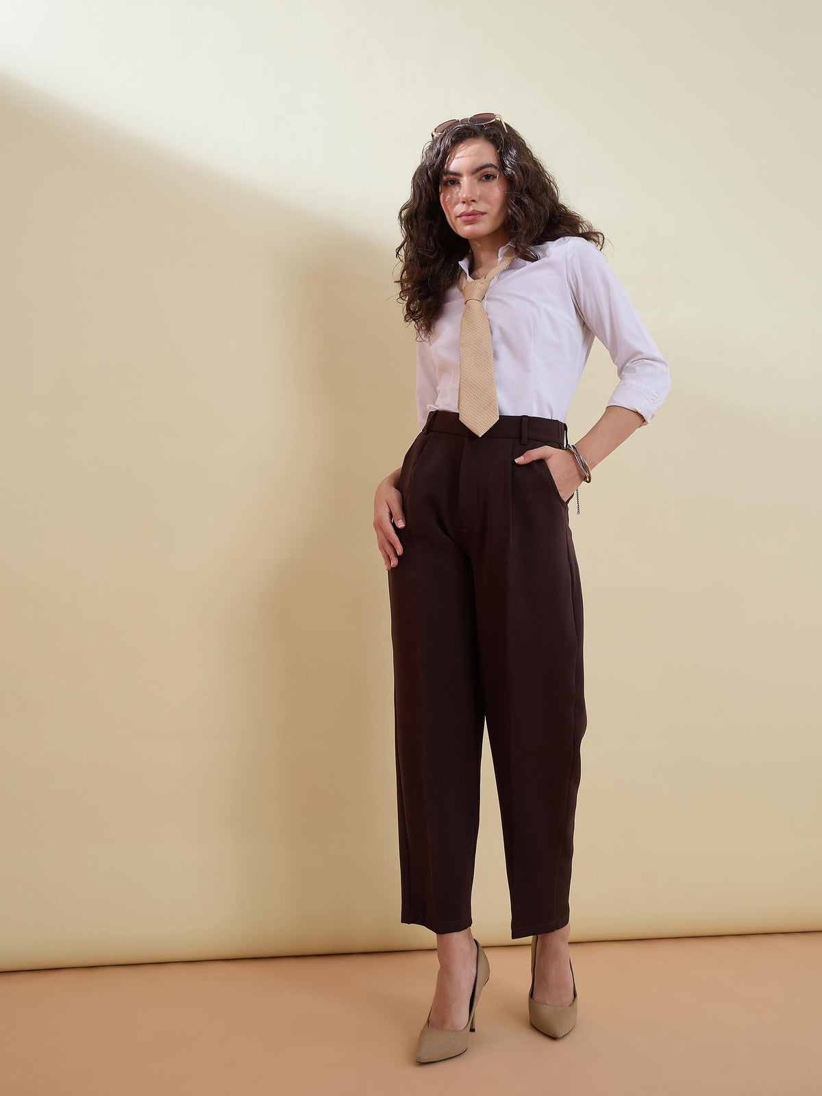 Coffee Brown High-Rise Formal Trousers-SASSAFRAS worklyf