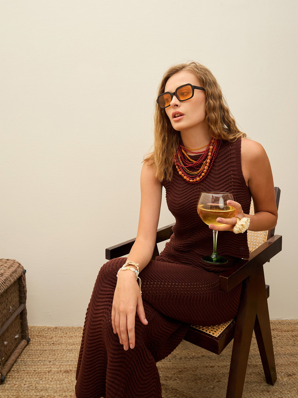 Brown Crochet Round Neck Top With Straight Skirt-SASSAFRAS